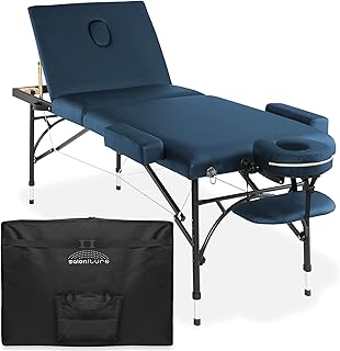 Saloniture Professional Portable Lightweight Tri-Fold Massage Table with Aluminum Legs - Includes Headrest, Face Cradle, Armrests and Carrying Case, Blue