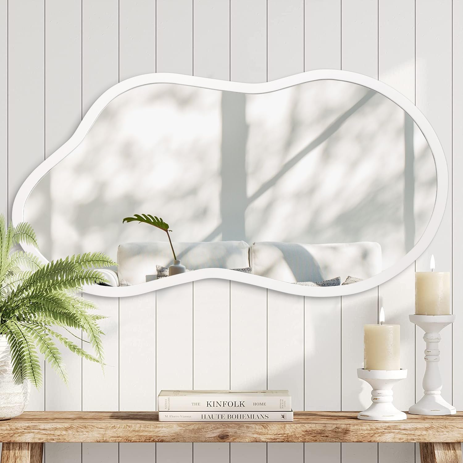 Aazzkang White Irregular Wall Mirror Wooden Large 55X30cm Decorative Hanging Mirrors Asymmetrical For Bedroom Dressing Room Living Room Bathroom Entryway
