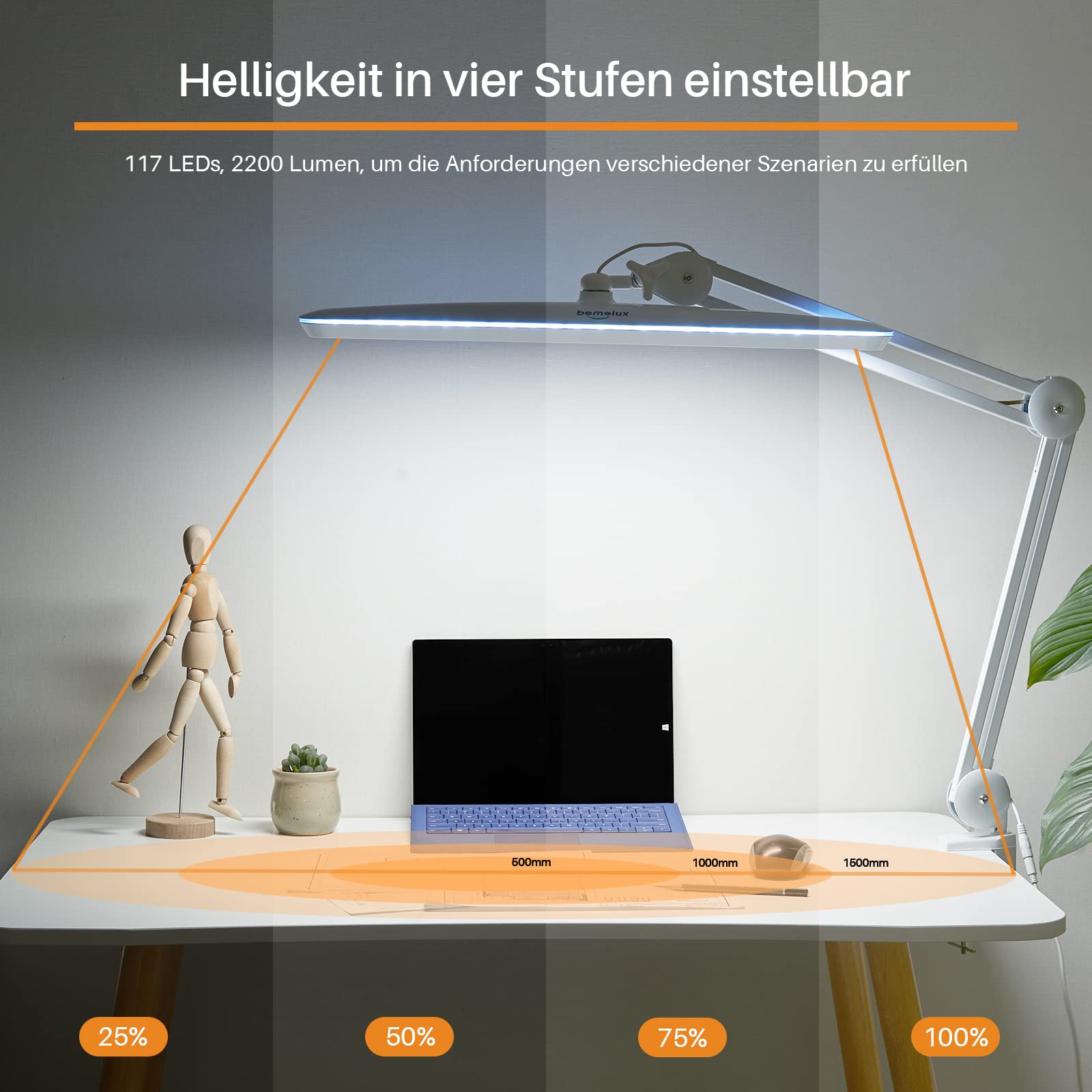24W LED-Schreibtischlampe mit Klemme, 58cm breit, 2200 Lumen, 4 dimmbare Helligkeitsstufen, 117 SMD-LEDs – Drehbare Lampe für Büro, Zuhause (Weiß)