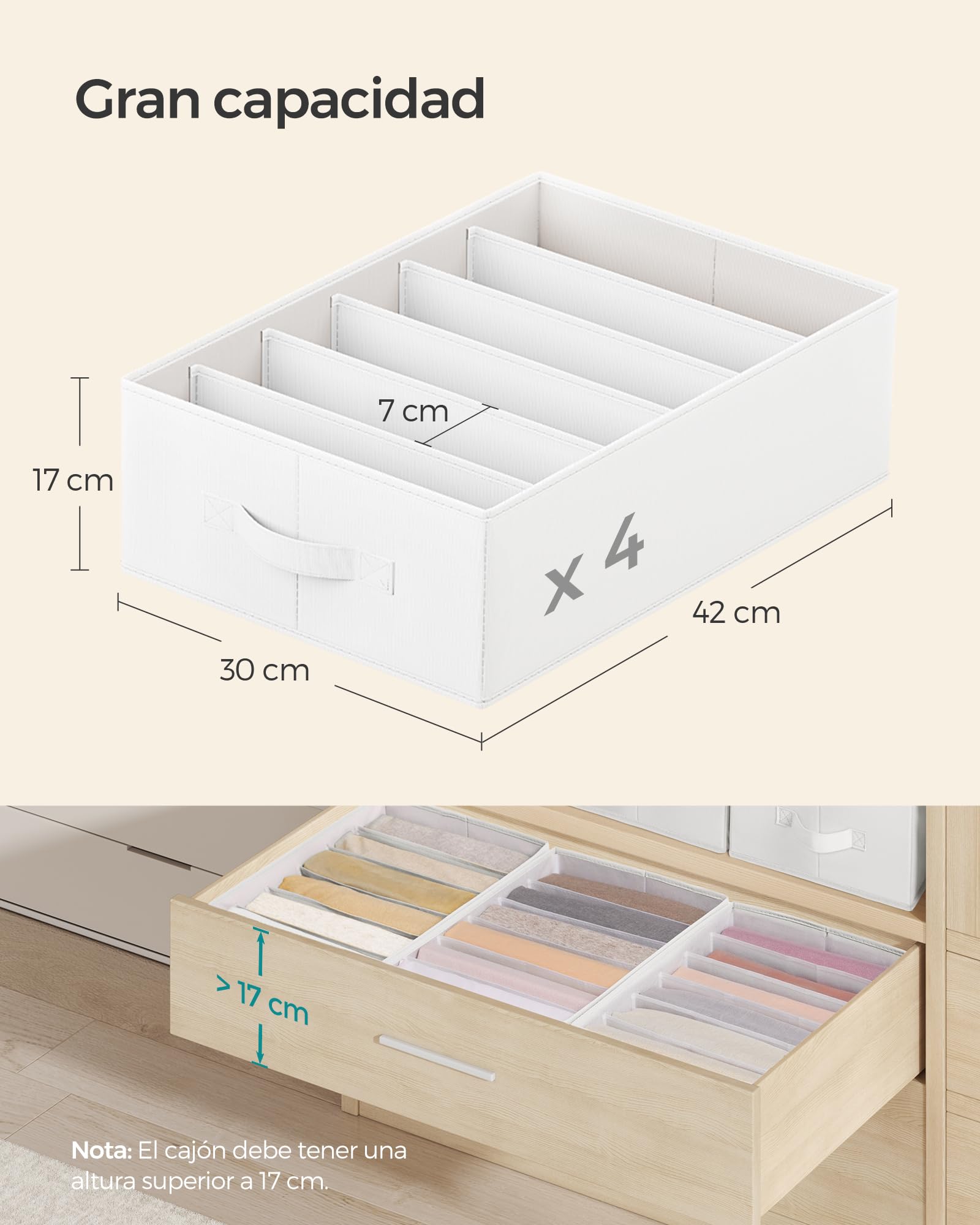 SONGMICS Juego de 4 Organizadores de Cajón 6 Compartimentos Plegable 42x30x17 cm Blanco RUS009W04