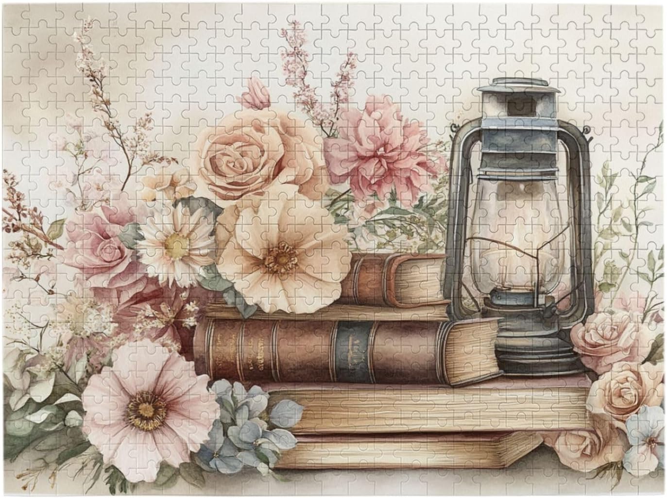 Textured Book spines with Faded Gilt Titles, Adult Wooden Jigsaw Puzzle 500 pcs, Reading Nook Still Life, Translucent Lantern Glass with Metal Frame Details, Relax Yourself