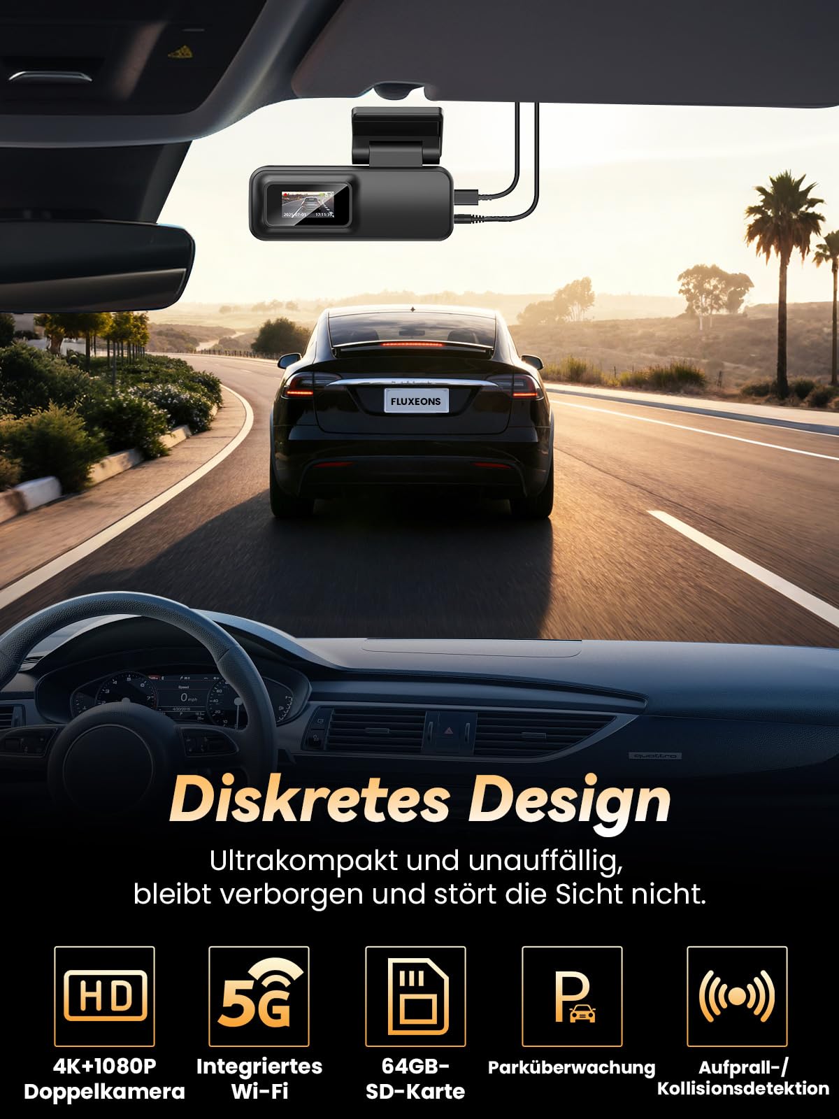 4K +1080P Dashcam Auto Vorne Hinten mit 64GB Karte, APP Steuerung mit 5GHz Wi-Fi, G-Sensor, 170° Weitwinkel, Nachtsicht, WDR, 24/7 Parküberwachung, Loop-Aufnahme (X3)