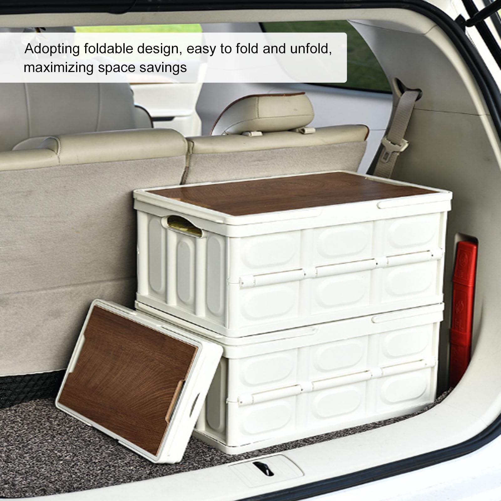 Contenitore pieghevole in plastica, contenitore da campeggio con coperchio in legno, grande scatola impilabile con manici, organizer per picnic all'aperto, archiviazione auto, smistamento domestico