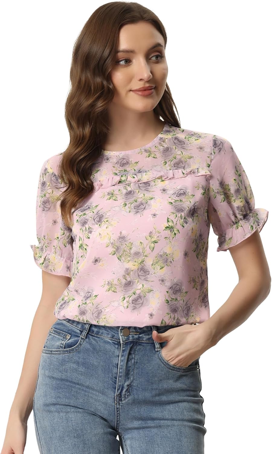 Allegra K Women's Chiffon Floral Short Sleeve Ruffled Trim Blouse Top