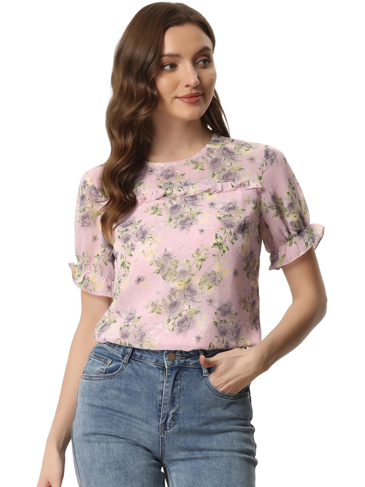 Allegra K Women's Chiffon Floral Short Sleeve Ruffled Trim Blouse Top