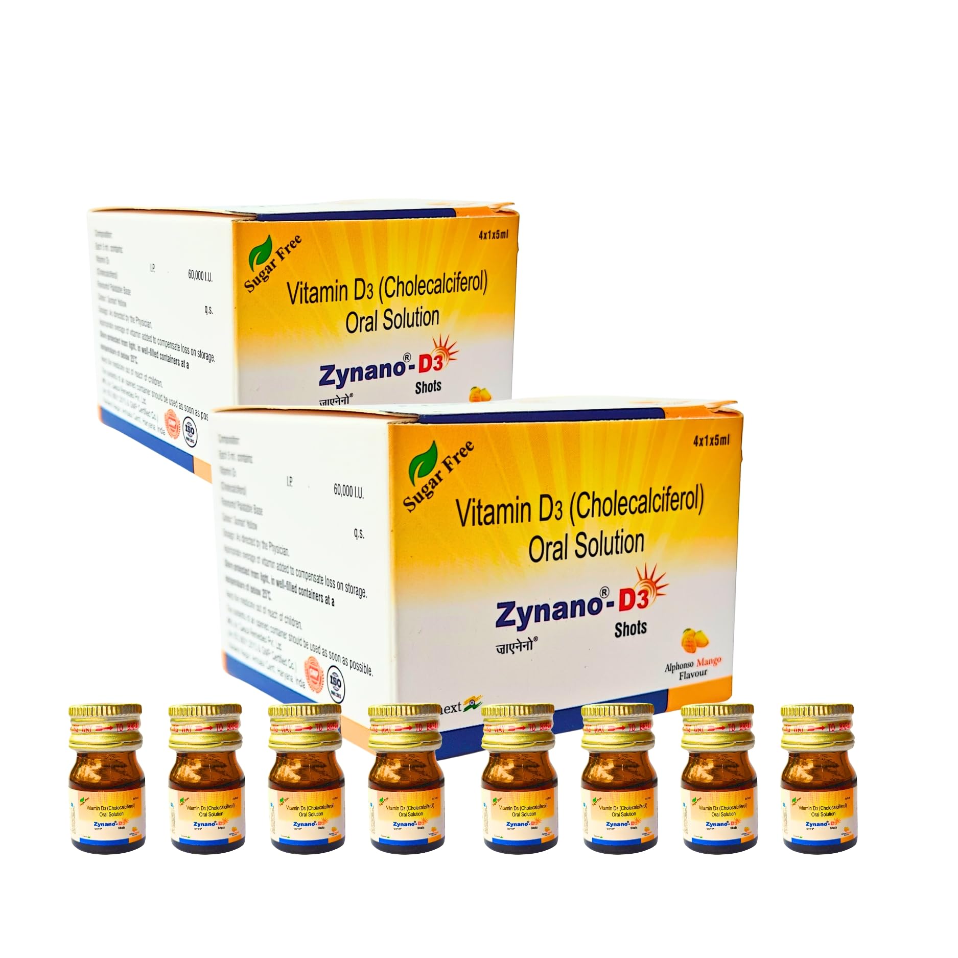 TAB ZYROCAL Zynano D3 Shots,Vitamin D3 Nano Shots,Sugarfree Cholecalciferol 60000 IU Oral Solution,Vitamin D3 liquid,Mango Flavour,8 Shots of 5ml liquid each