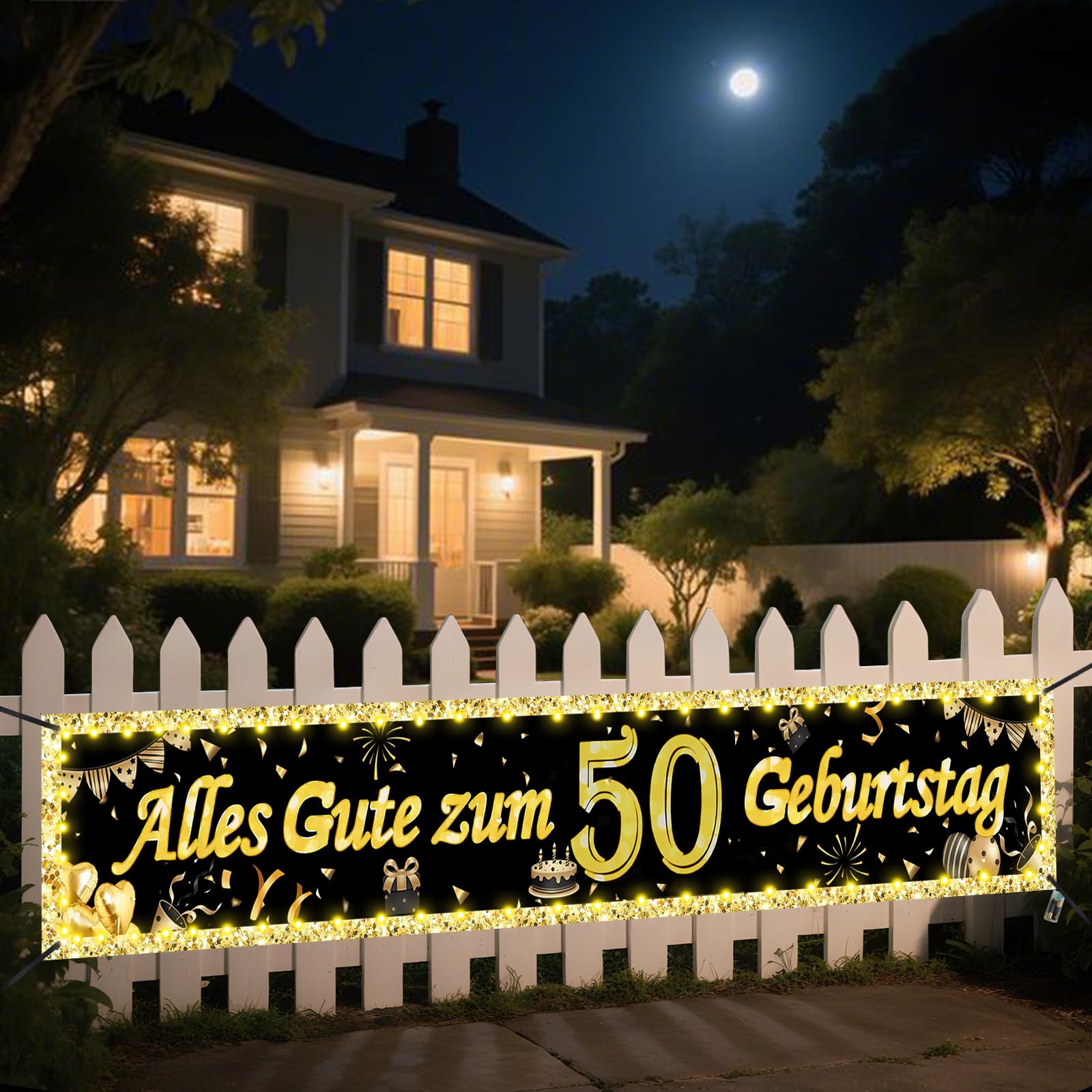Seutgjie Deko Banners mit LED Lichtband für Frauen Männer 40 * 270CM Hintergrund Dekoration Gold Schwarz