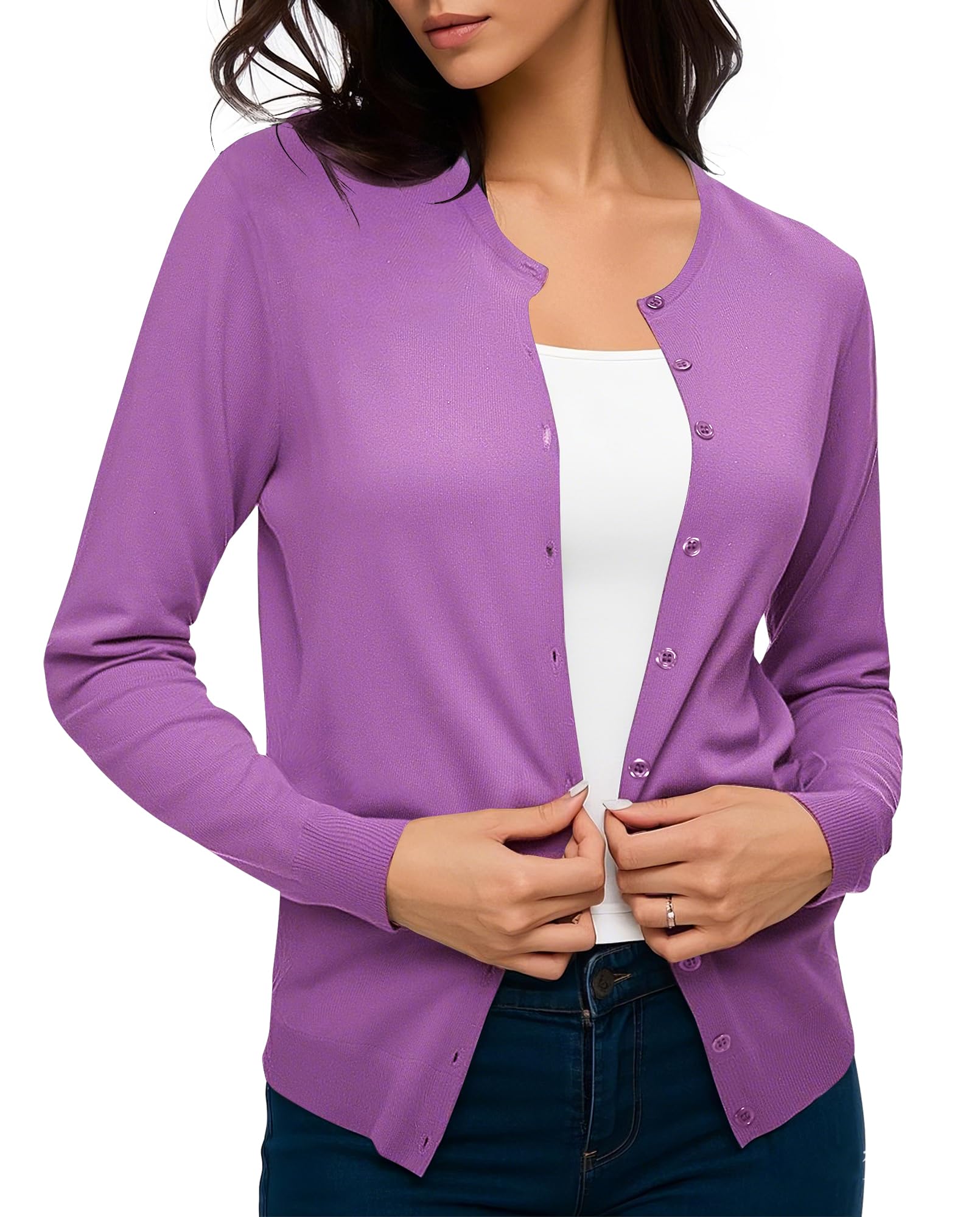 Urban CoCo Women's Long Sleeve Crew Neck Button Down Knit Cardigan Sweater