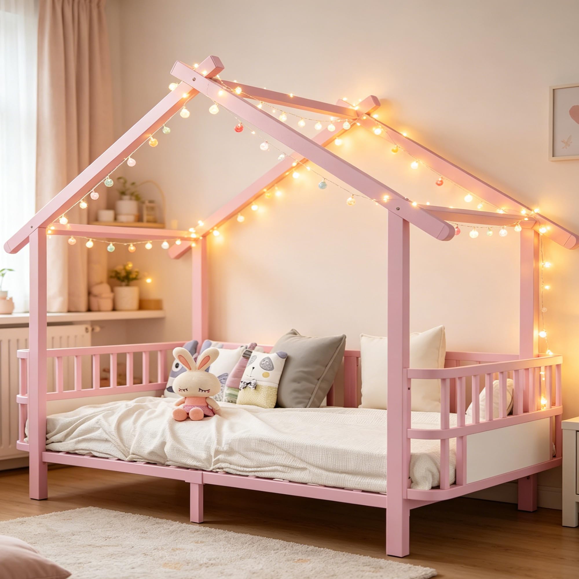 Merax Kinderbett aus Metall in Hausform 90x200 cm mit Sicherheitsgitter & Dachdesign – Rosa (Ohne Matratze)