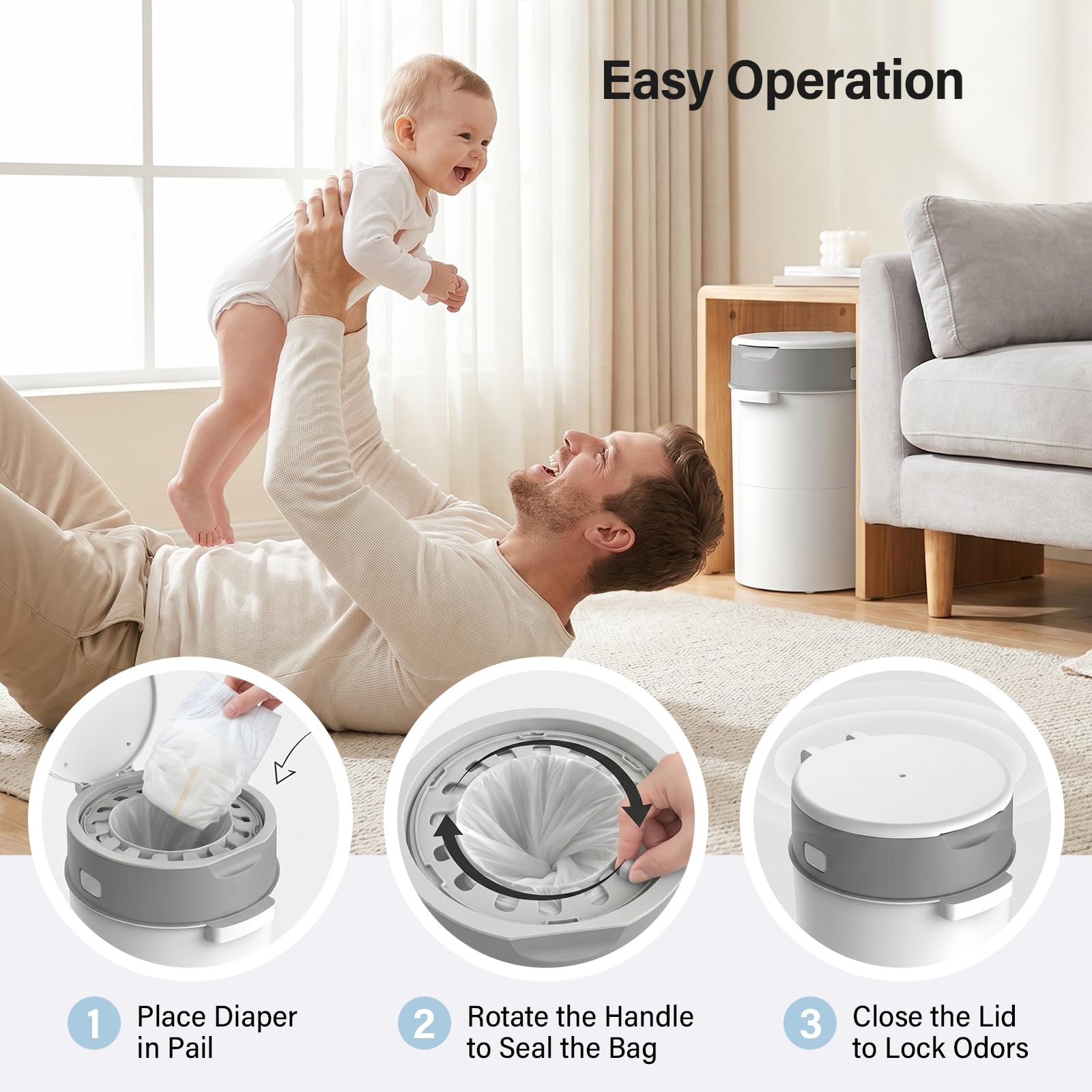 Pattumiera per pannolini da 13 l, con coperchio, inodore, con sistema girevole e sigillante, contenitore igienico per pannolini, smaltimento a mani libere, per la cameretta dei bambini