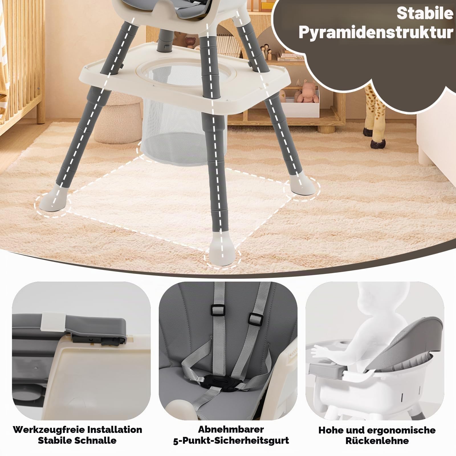 Hochstuhl Baby 7 in 1 Kinderhochstuhl,Babystuhl mit Esstisch,Fußstütze,Korb,Sicherheitsgurt und Abnehmbares Doppeltablett,Babyhochstuhl ab 6 Monate (Grau)