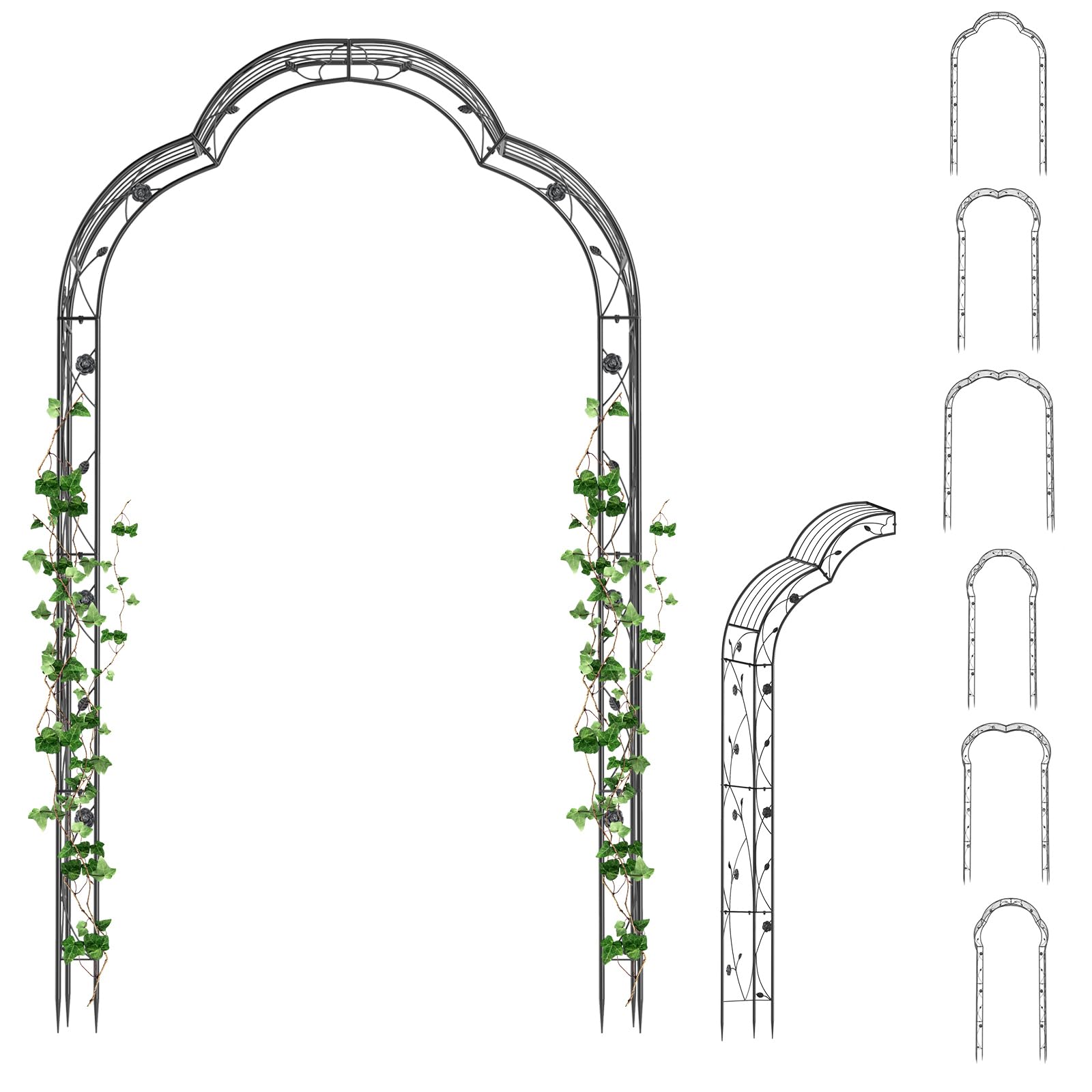 GiantexUK 2.5M Metal Garden Arch, Heavy Duty Pergola Trellis Arbour with 2 Half-side Arches, 7 Style Flowers Roses Vines Climbing Plants Support Archway for Lawn Patio Wedding Ceremony Decoration