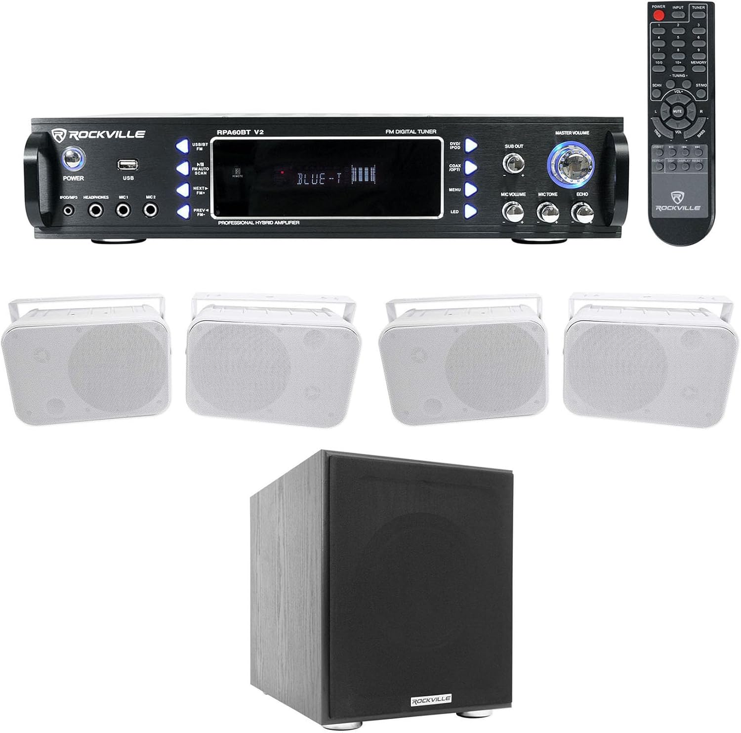 Rockville Bundle: RPA60BT V2 1000W 2-ch Bluetooth DJ Amplifier Mixer Bundle with (4) HP65S-8 6.5" Home Theater Speakers w/Swivel Bracket & Rock Shaker 8" Black 400W Home Theater Subwoofer (4 Items)