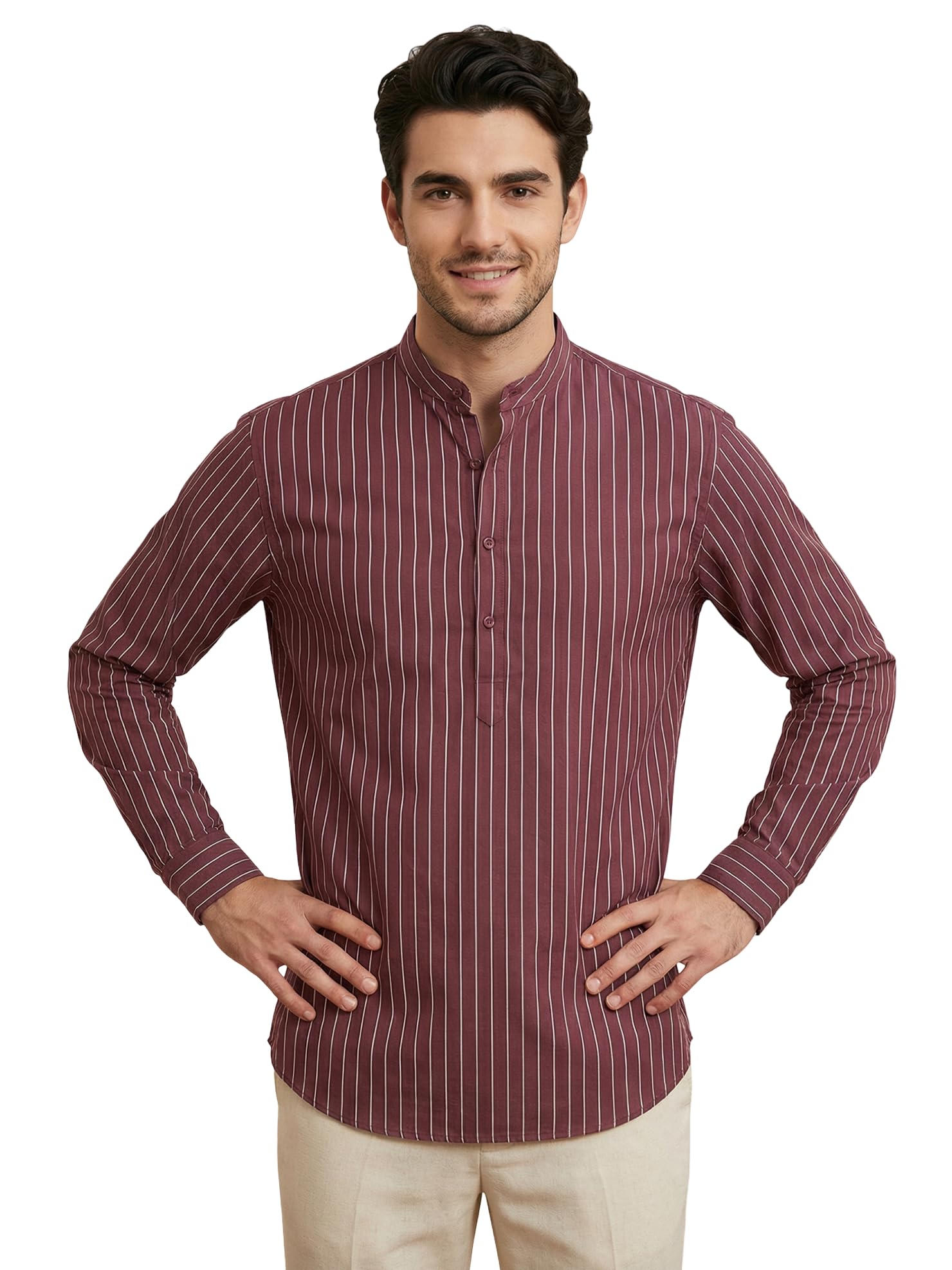 jompers Men's Cotton Striped Short Kurta (Maroon, S)-picture-20