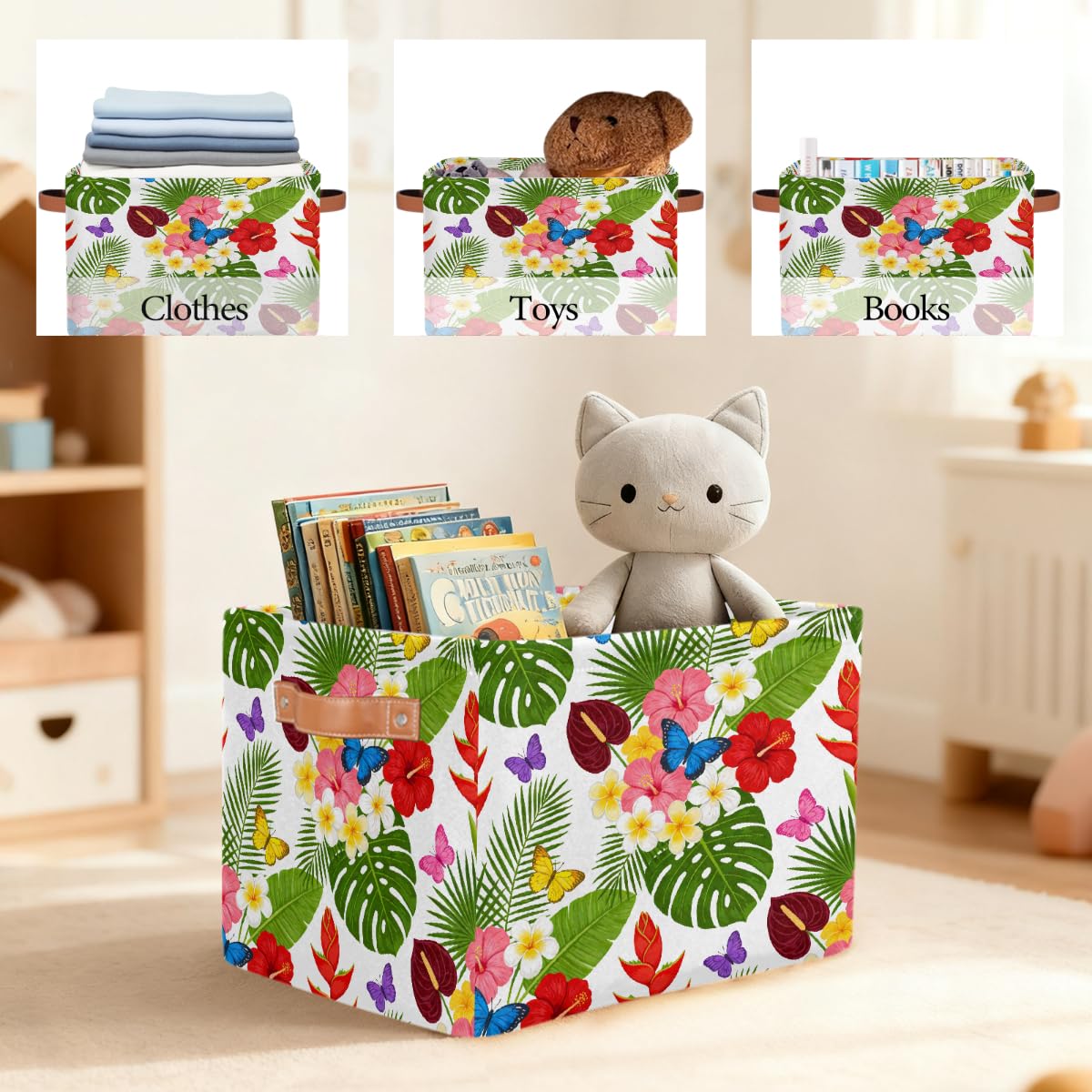 Rechteckiger Aufbewahrungskorb mit tropischen Blumen- und Schmetterlingsmustern, 2 Stück, faltbarer Stoff-Aufbewahrungskorb für Schrank, Badezimmer, Wohnzimmer, Büro, Spielzeug, Organizer