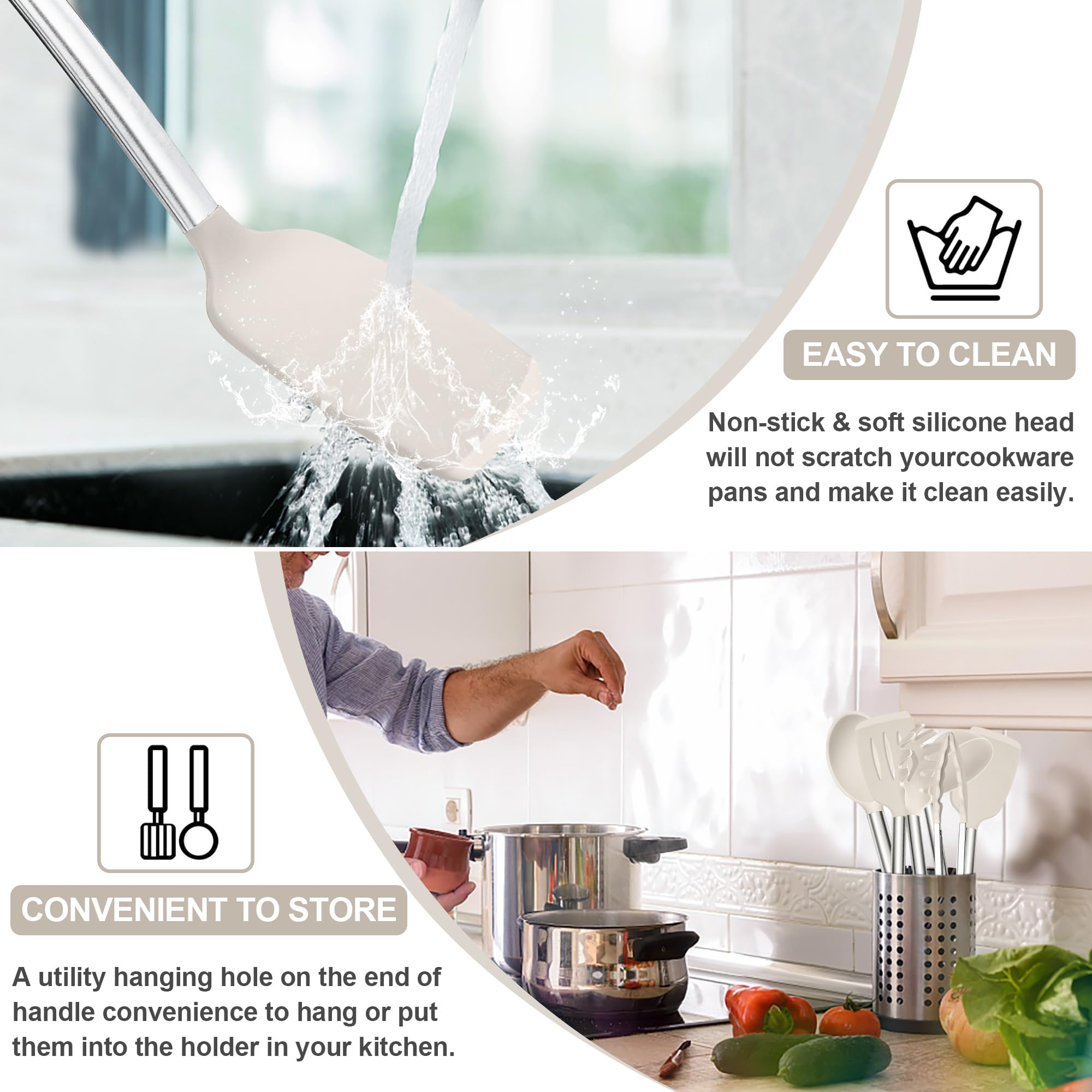 Herogo Set di utensili da cucina, 6 utensili da cucina in silicone, resistenti al calore, con manico in acciaio inox, antiaderenti, spatola, cucchiaio, pinze per pentole, facili da pulire, colore: