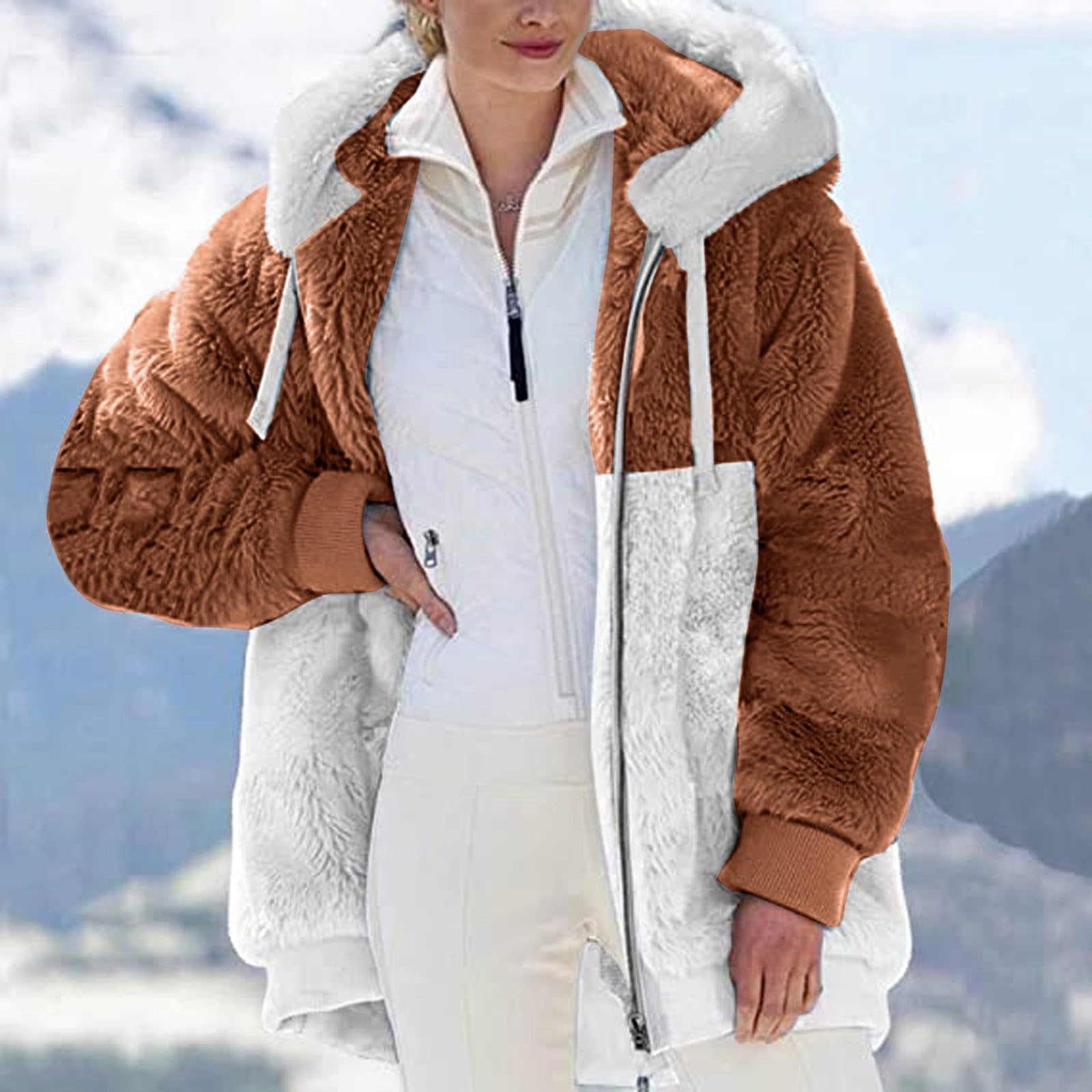 Generico Sudaderas Largas Algodón Mujer con Cremallera Sin Capucha - Top Blanco Mujer Elegante Oversize Hoodie Ligero Moda Térmica Felpa Suave con Bolsillos Cómodos Ropa Otoño Casa Al Aire Libre