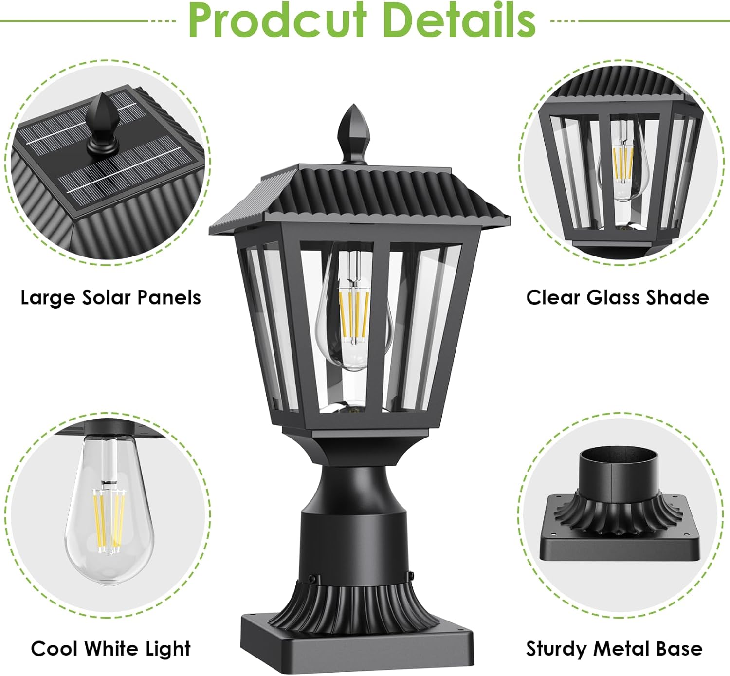 Greluna Solar Post Lamp Lights, 2 Pack 6000K Dusk to Dawn Solar Light with Pier Mount Base, Post Lights Outdoor Waterproof for Garden Yard Landscape Pole Pillar, Outside Decorative Lamp