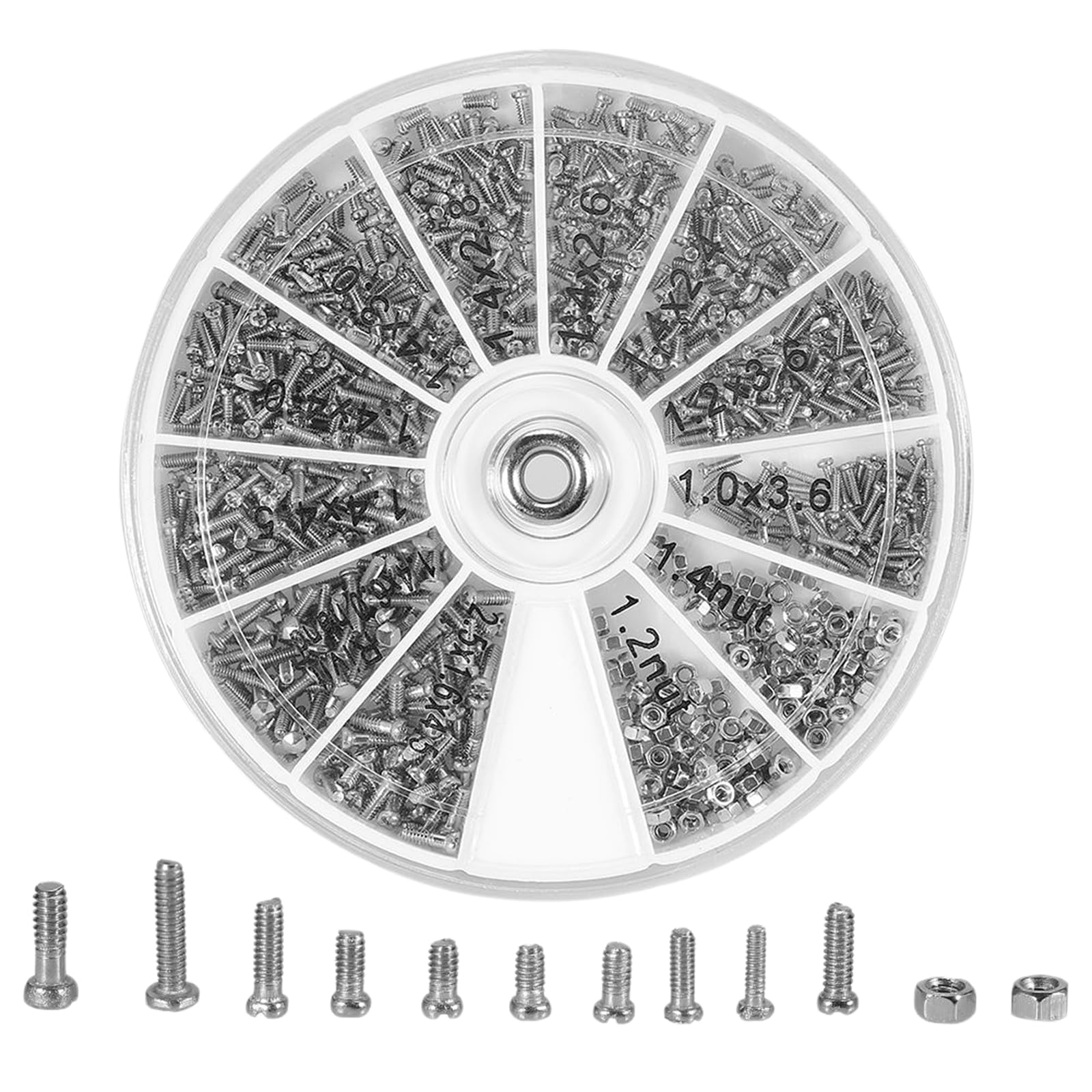 600-Piece Micro Screw and Nut Assortment Kit - M1 M1.2 M1.4 M1.6 Stainless Steel Flat Head Screws, Nuts & Rivets for Eyeglasses, Sunglasses, Watches, and Electronics Repair (12 Sizes in Organizer Box)