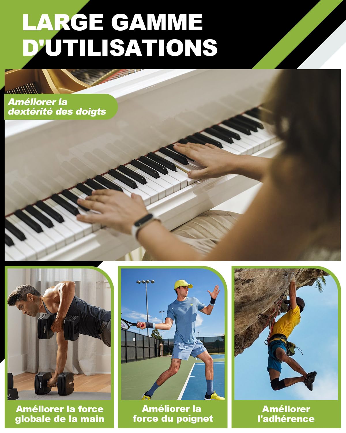 Hand Grip Musculation Kit Vert - Entraîneur Intelligent avec Compteur, Renforcement de Main et Avant-Bras, Pince de Musculation de 5 Réglages (10-100kg), Exerciseur de Doigts avec Poignée