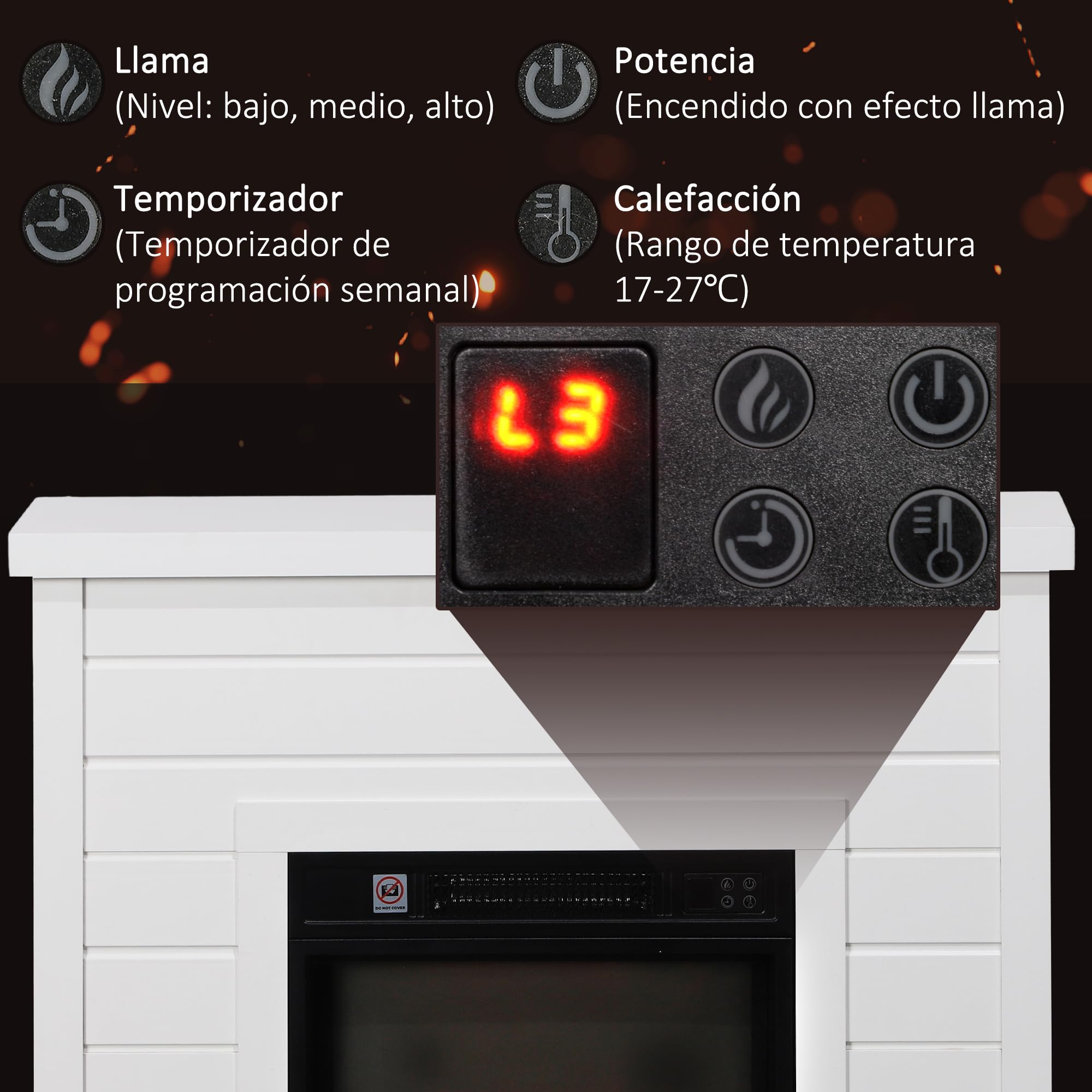 HOMCOM Chimenea Eléctrica, Chimenea Decorativa con Efecto de Llama, Calefacción 1800 W, Control Remoto, Temporizador Semanal, Protección contra Sobrecalentamiento, Blanco