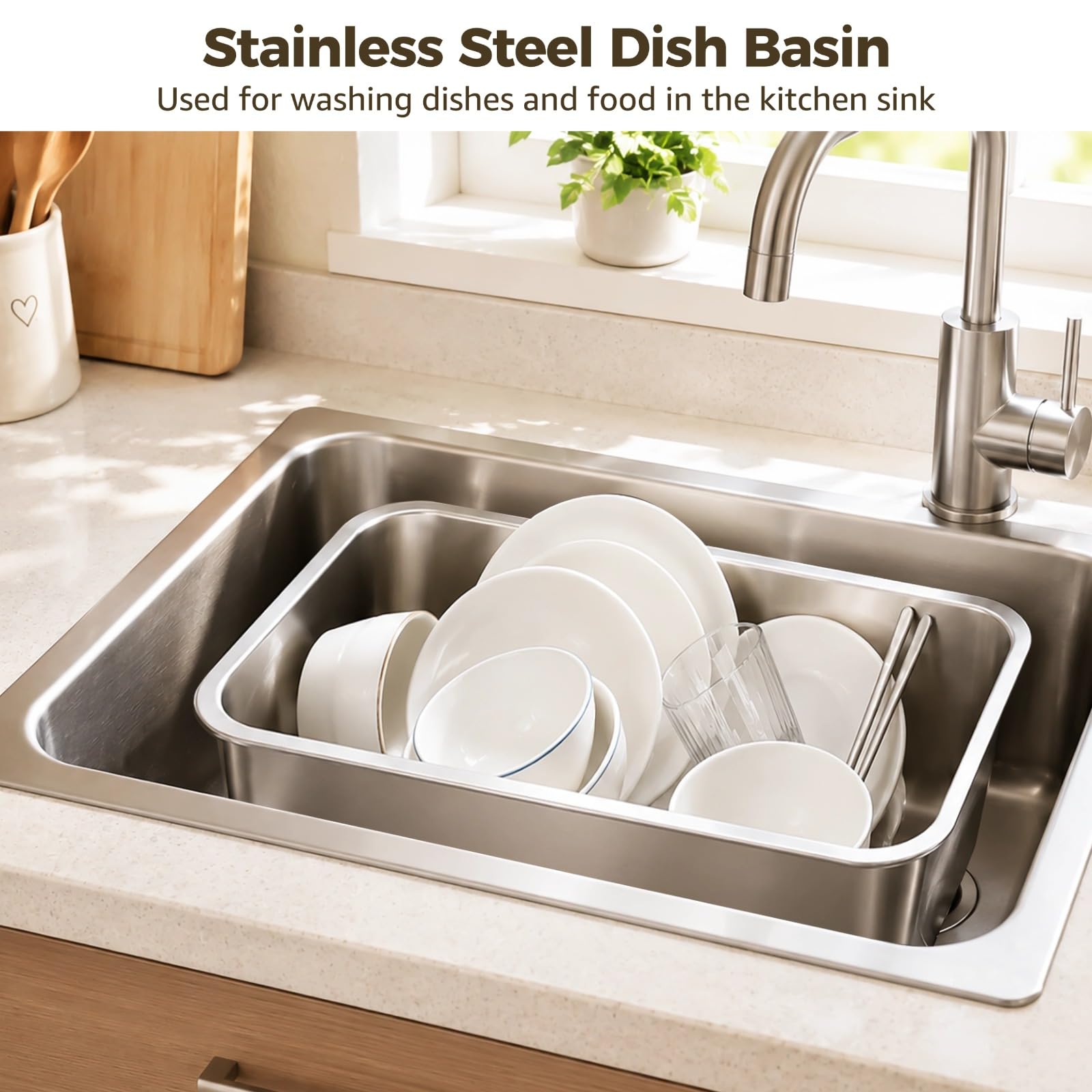 Pentole per lavello da cucina, 15 l, in acciaio inox extra per lavello da cucina, resistente agli alimenti, multiuso, per ristorante, caffetteria, 39,6 x 29,5 x 15 cm