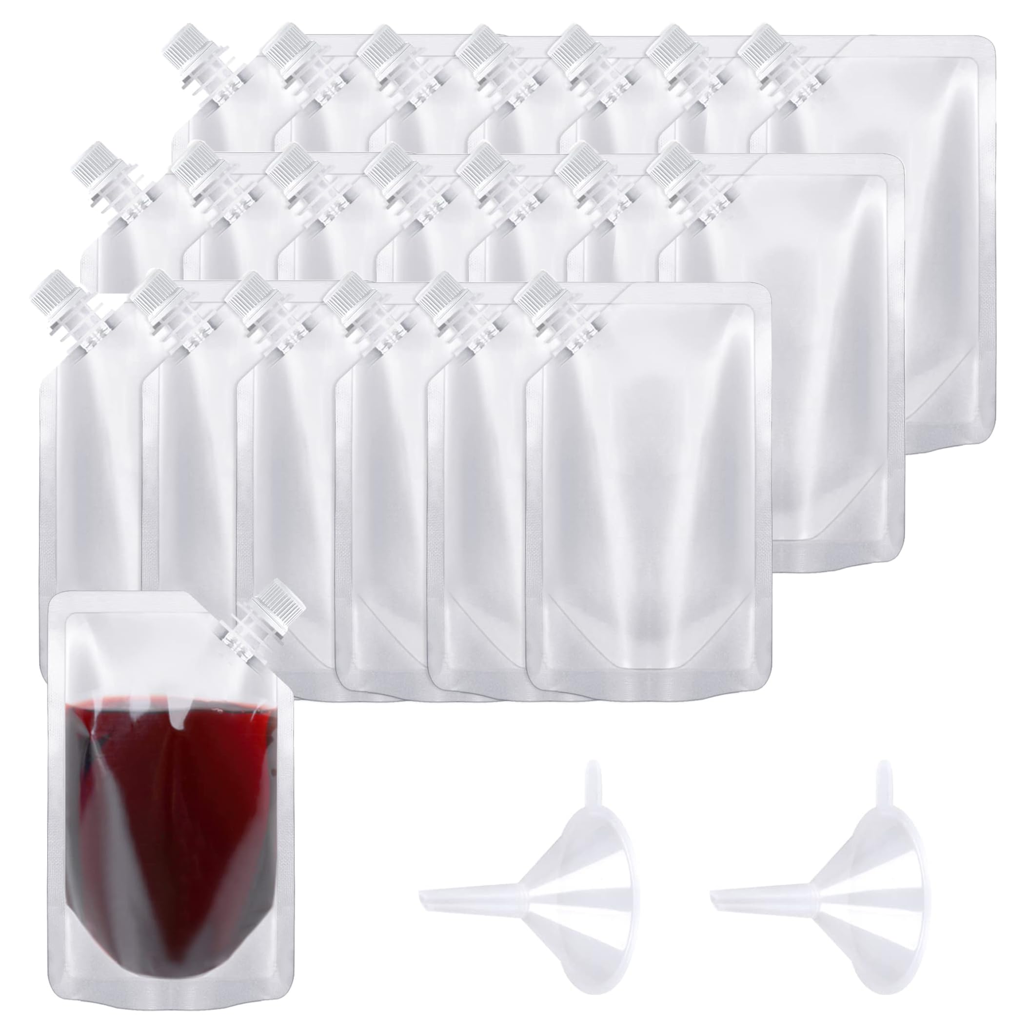20Pack 500ml Clear Drink Pouches, Refillable Drink Pouches, Reusable Leak Proof Travel Plastic Drinks Flasks with Funnel, Hot Cold Beverage Drink Container for Parties, Picnic, Travel, Sports