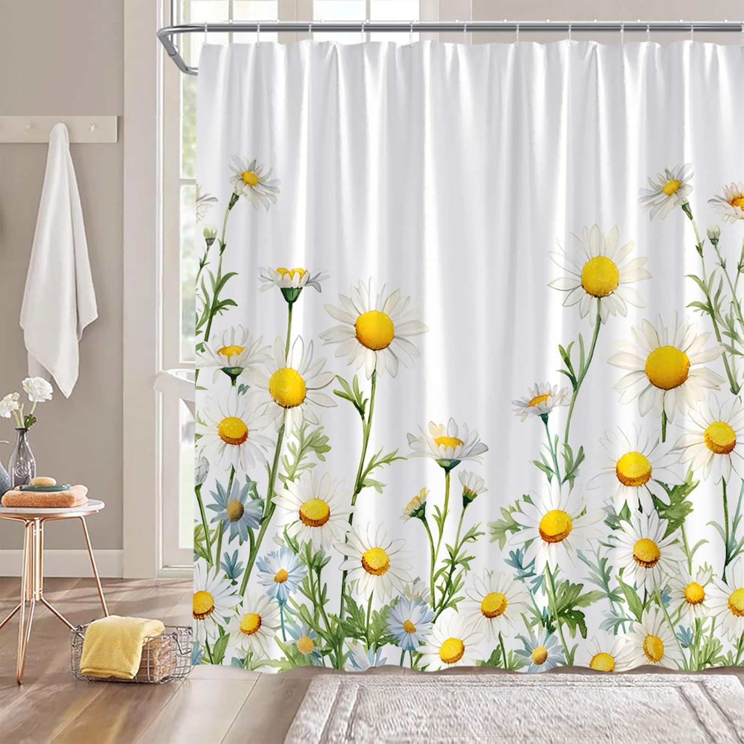 Daisy Floral Shower Curtain Rustic Flower Farmhouse Plant Country Nature Botanical Fresh Watercolor Bathroom Decor Fabric Polyester Curtain with Hooks，White Yellow