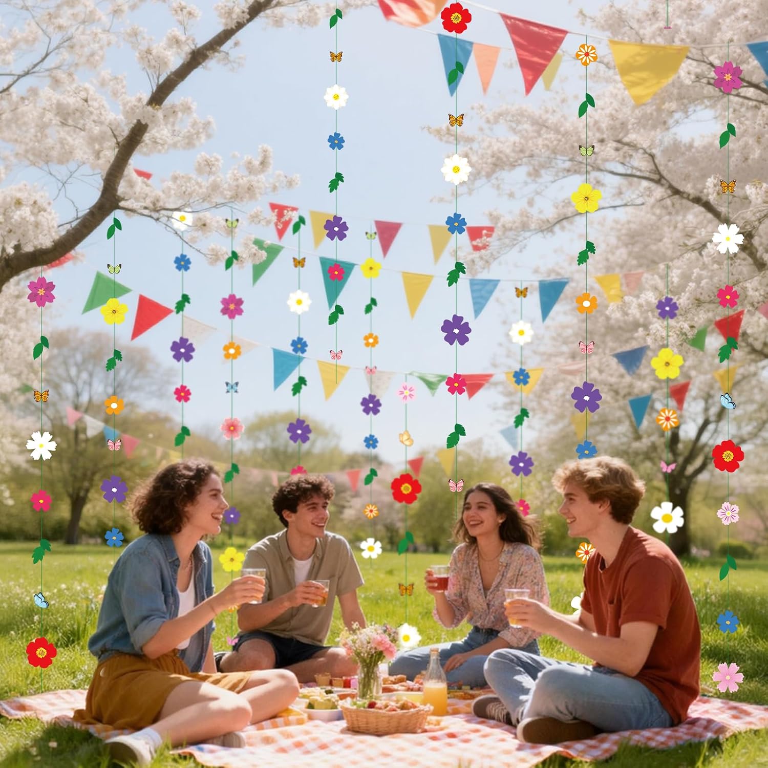2 Pcs x 13ft Spring Flower Garland Wildflower Party Decor, Wildflower Paper Garland with Butterfly Party Streamers Hanging Decor for Garden Birthday Tea Spring Wedding Baby Shower Party Decorations