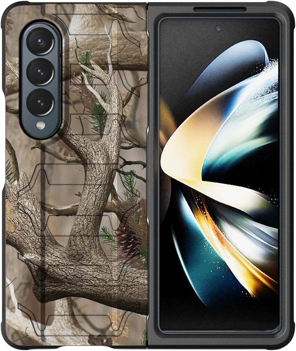 Nakedcellphone Case with Clip and S Pen Slot for Galaxy Z Fold 4 5G, Tactical Cover and Belt Hip Holster View Stand Combo for Samsung Z Fold4 Phone (SM-F936U, 2022) - Outdoor Camo Tree Real Woods