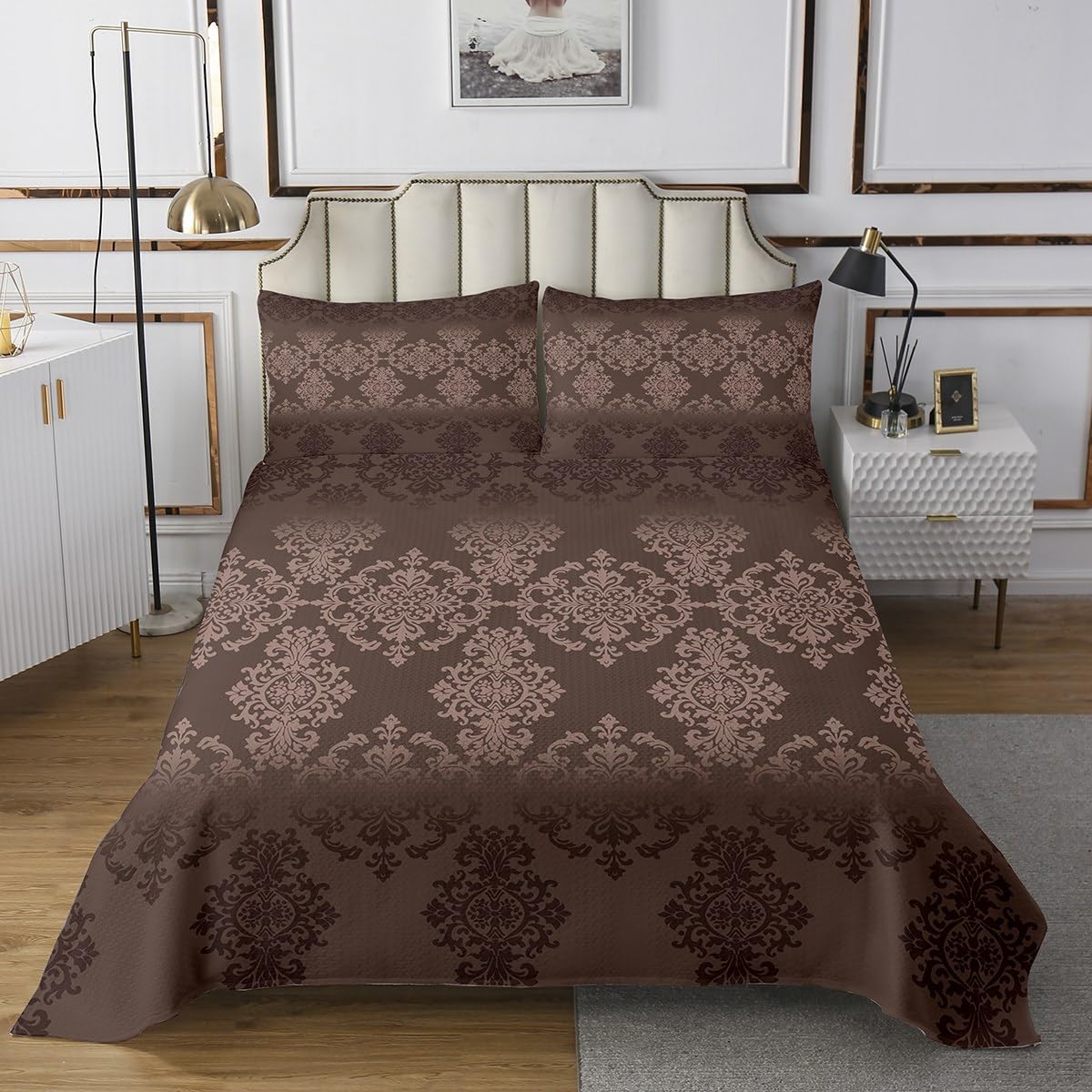 Loussiesd Copriletto gotico marrone 240 x 260 cm damascato floreale trapunta per bambini ragazzi ragazze vintage Paisley copriletto antico barocco goth coperta da soggiorno