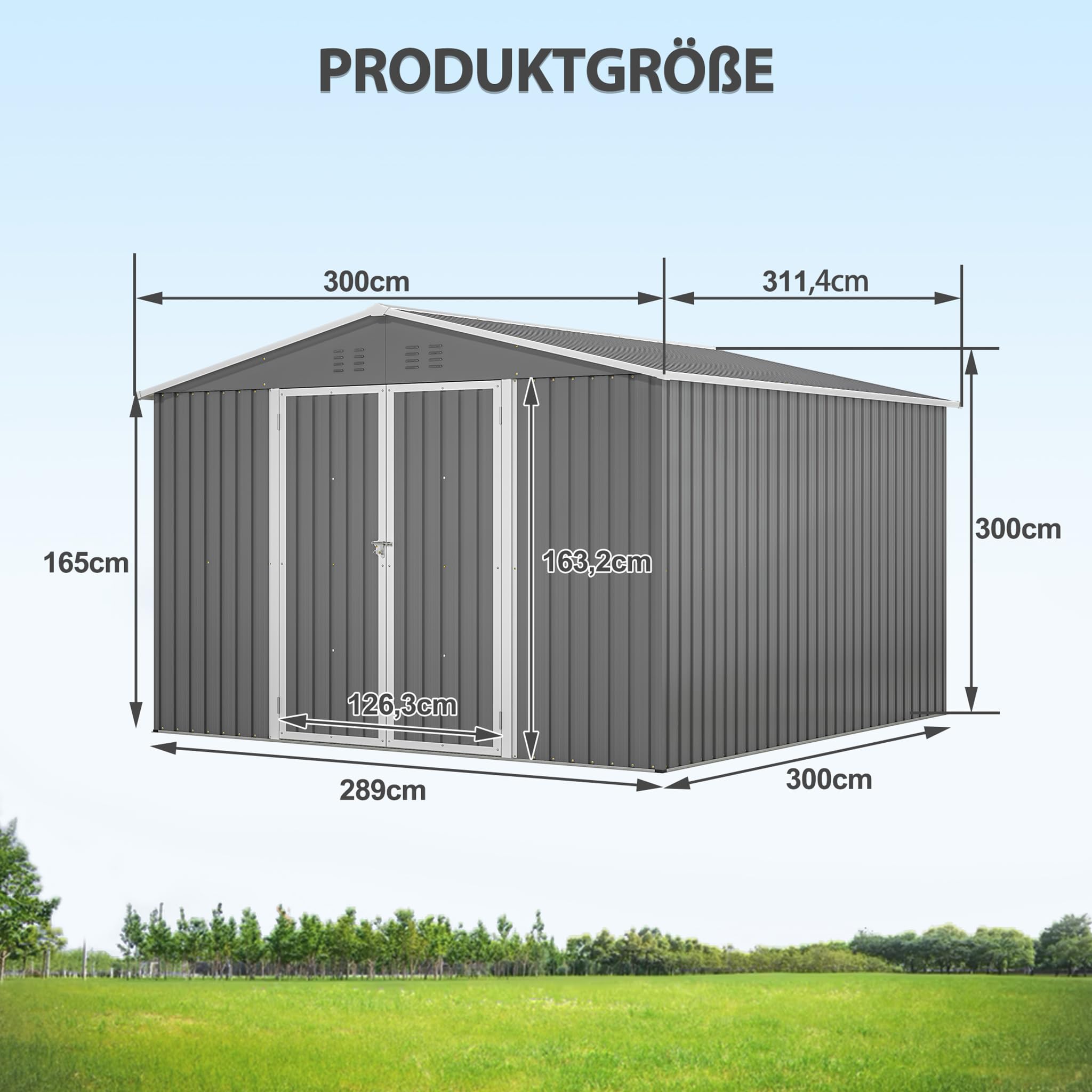 Metall Gerätehaus 300x300 cm Anthrazit, abschließbarer Gartenschuppen mit Bodenrahmen, wetterfester Stahl Geräteschuppen, Fahrradgarage