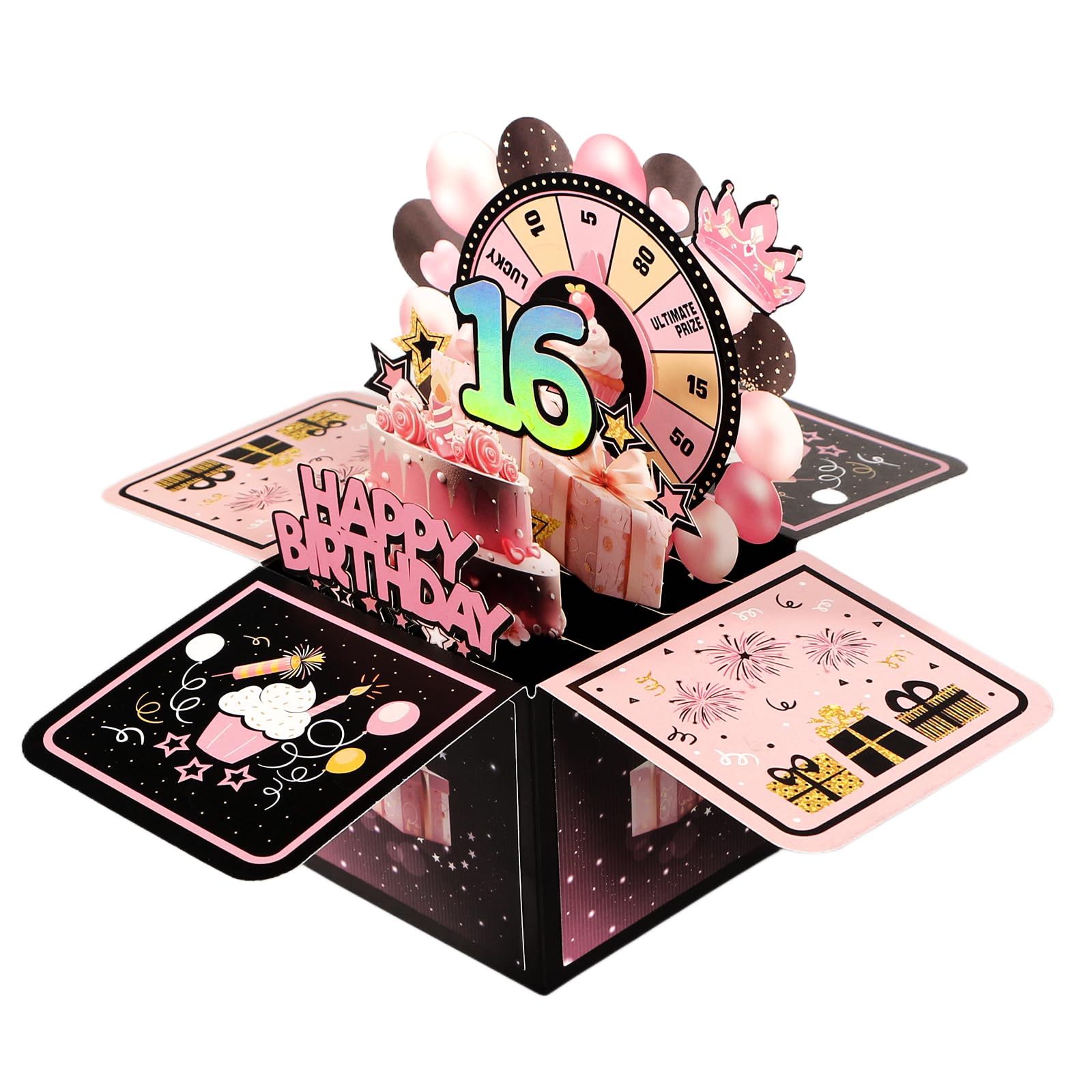 Geukmun Pop Up 16th Birthday Card, 16th Birthday Gifts for Girls and Her, Happy 16 Greeting Cards with Envelope for Daughter, Granddaughter, Niece, Keepsake Decoration (Pink)