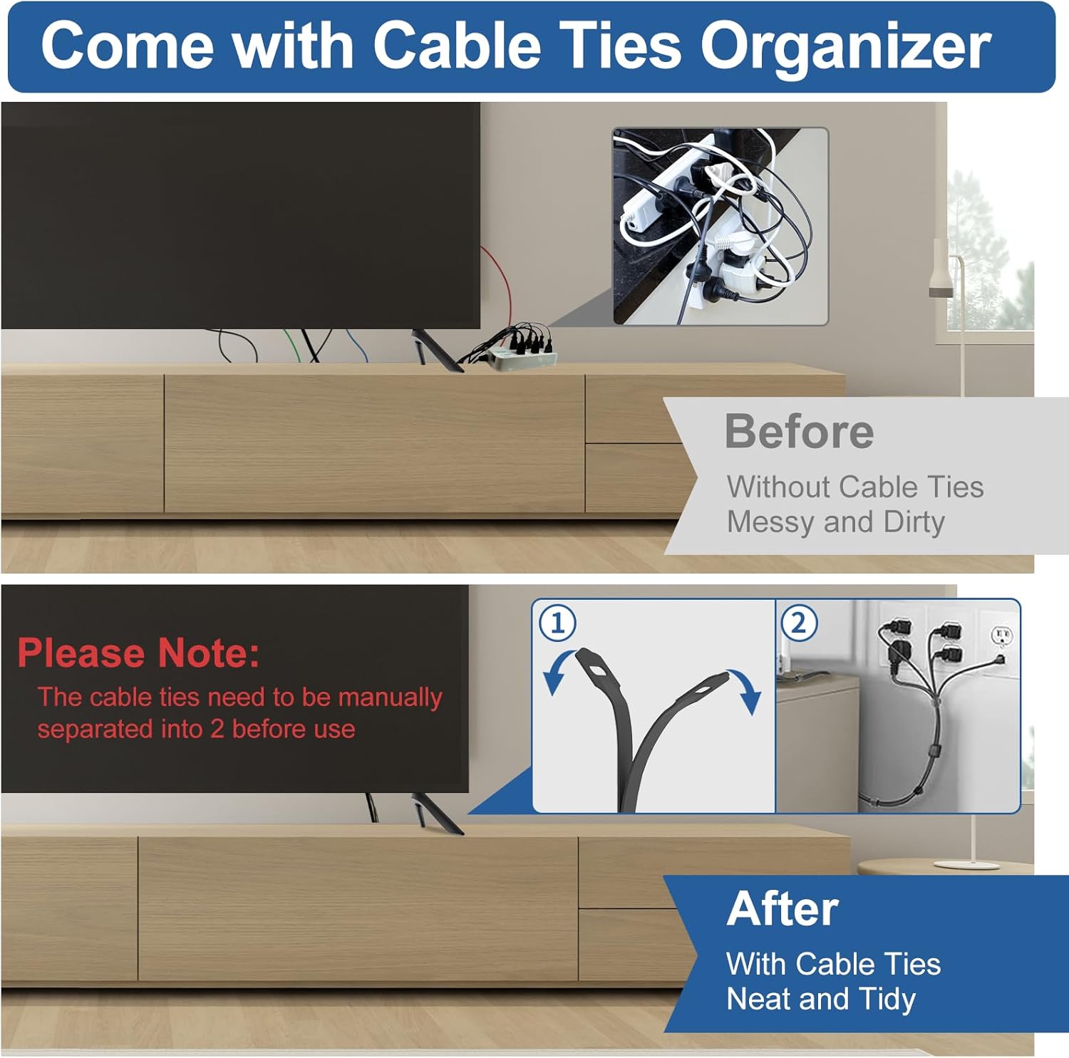Before and after images showing a messy TV setup with tangled wires and a neat setup with wires organized using cable ties.