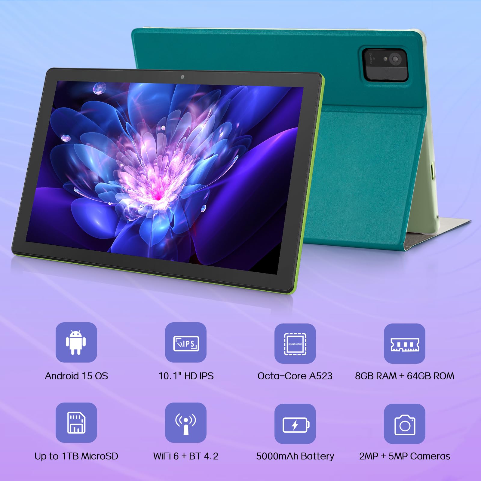 Tablette Android 15 de 10", 8 Go de RAM, 64 Go de ROM, extensible jusqu'à 1 To, Octa-Core, écran HD IPS, 5G WiFi 6, certifié GMS, tablettes informatiques pour adultes avec étui, vert