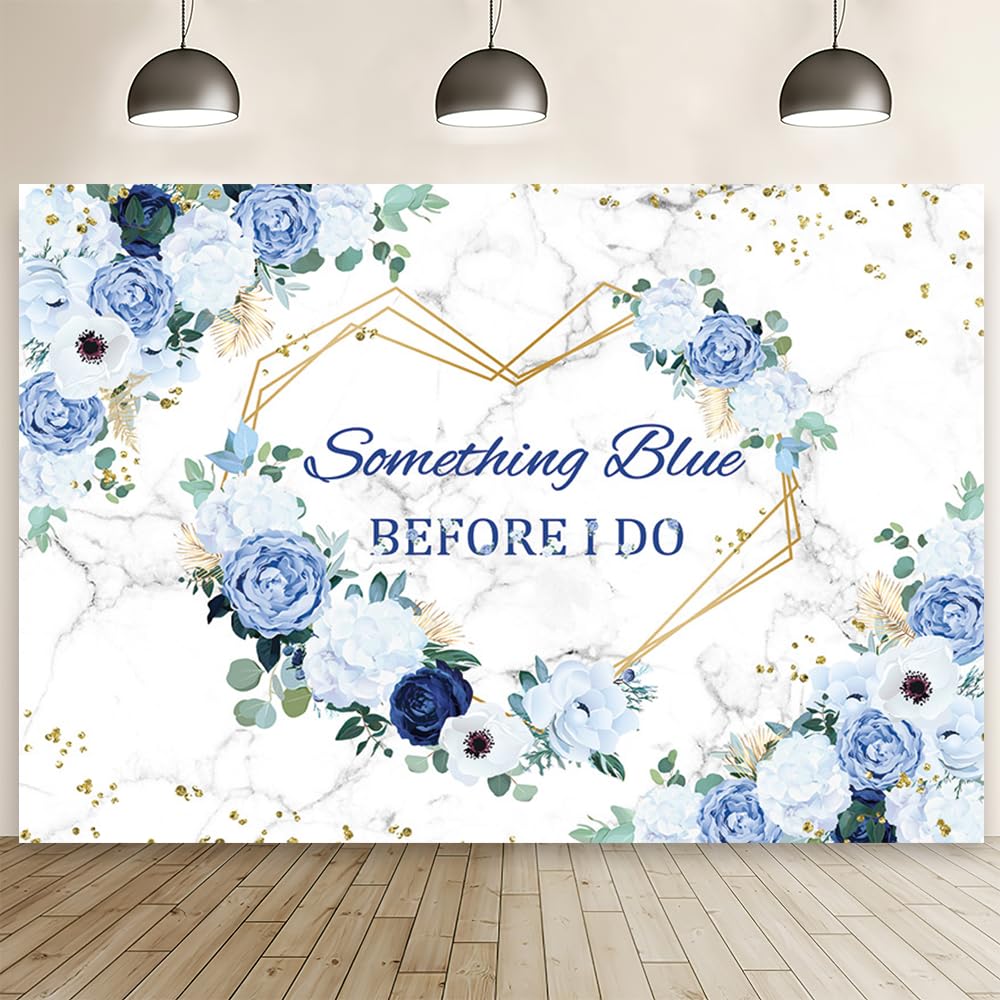 AIBIIN 7x5ft Something Blue Before I Do Floral Backdrop for Bridal Shower Blue and White Flowers Photography Background Hearts Geometric Couple