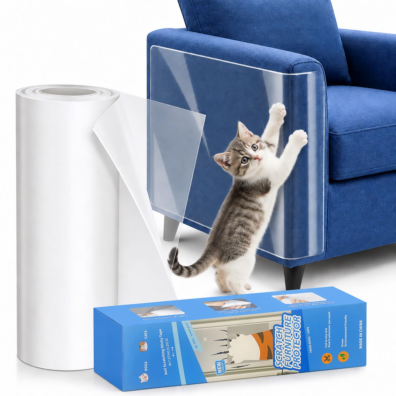 Wosyoodo Cat Anti Scratch Tape 20cm x 5M, Customisable Size, Invisible Protection, Residue-Free Removal for Sofas, Chairs & Tables - Ideal for Cat Owners