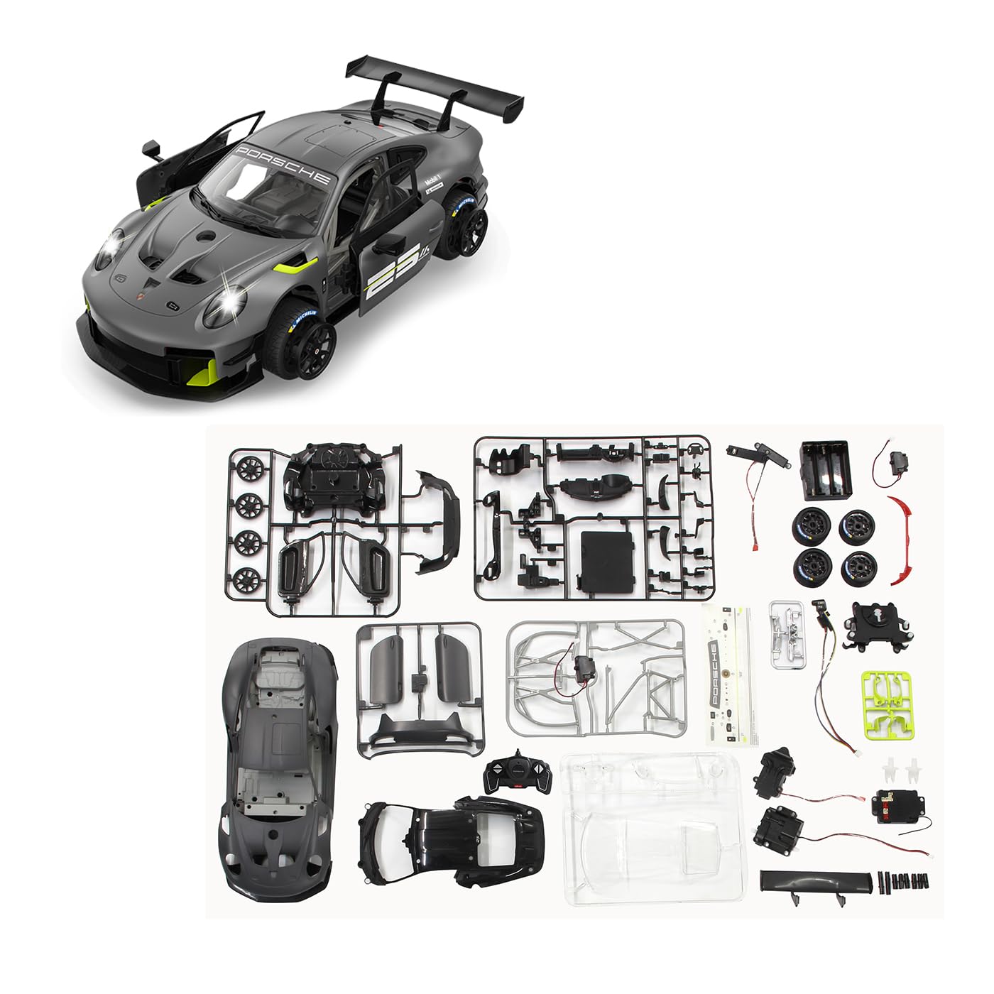 JAMARA Porsche 911 GT2 RS Clubsport 25 1:18 szary 2,4 GHz zestaw do montażu – oficjalnie licencjonowany, szczegółowe wnętrze, wierne lakierowanie, przezroczysta szyba przednia, światło LED, zestaw RC