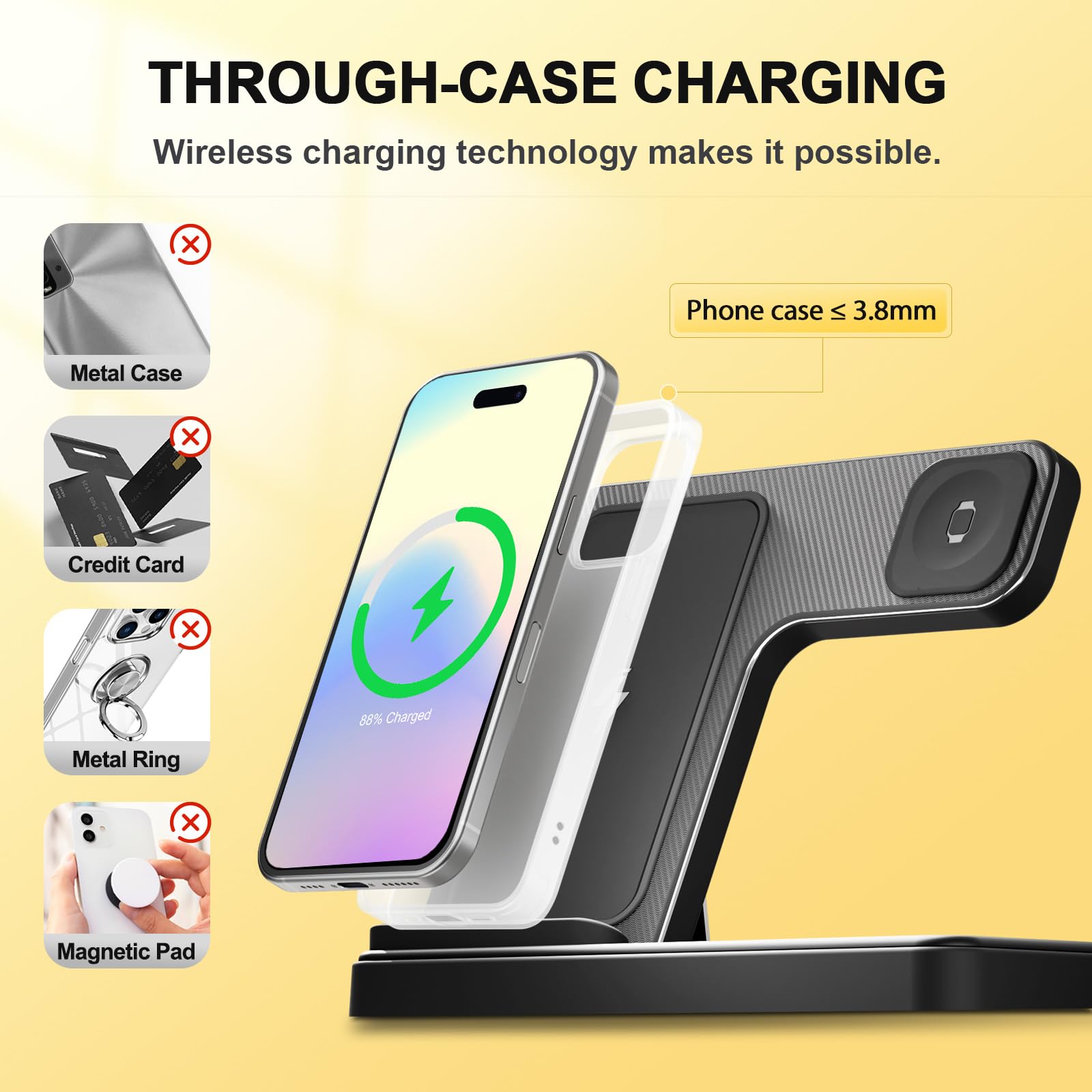 Stazione di ricarica wireless: per iPhone 16e 16 15 14 13 12 Series - AirPods Pro 4 3 2 - Apple Watch Ultra Se 9 8 7 6 5 4 3 2 - Supporto orizzontale 3 in 1 per ufficio camera da letto con indicatori