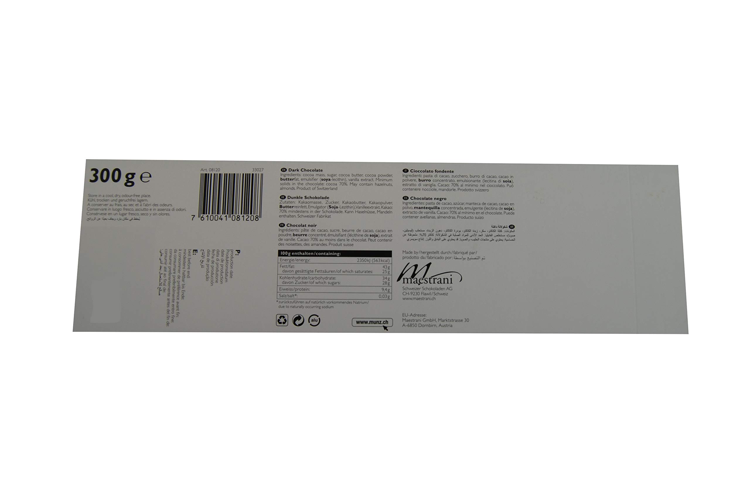 Munz Swiss Premium | Edelbitter 70% Kakao | 8 x 300g - 2,4 kg | Schweizer Zartbitterschokolade mit 70% Kakao, über 150 Jahre Confiserie-Geschichte, für Schokoladenkenner