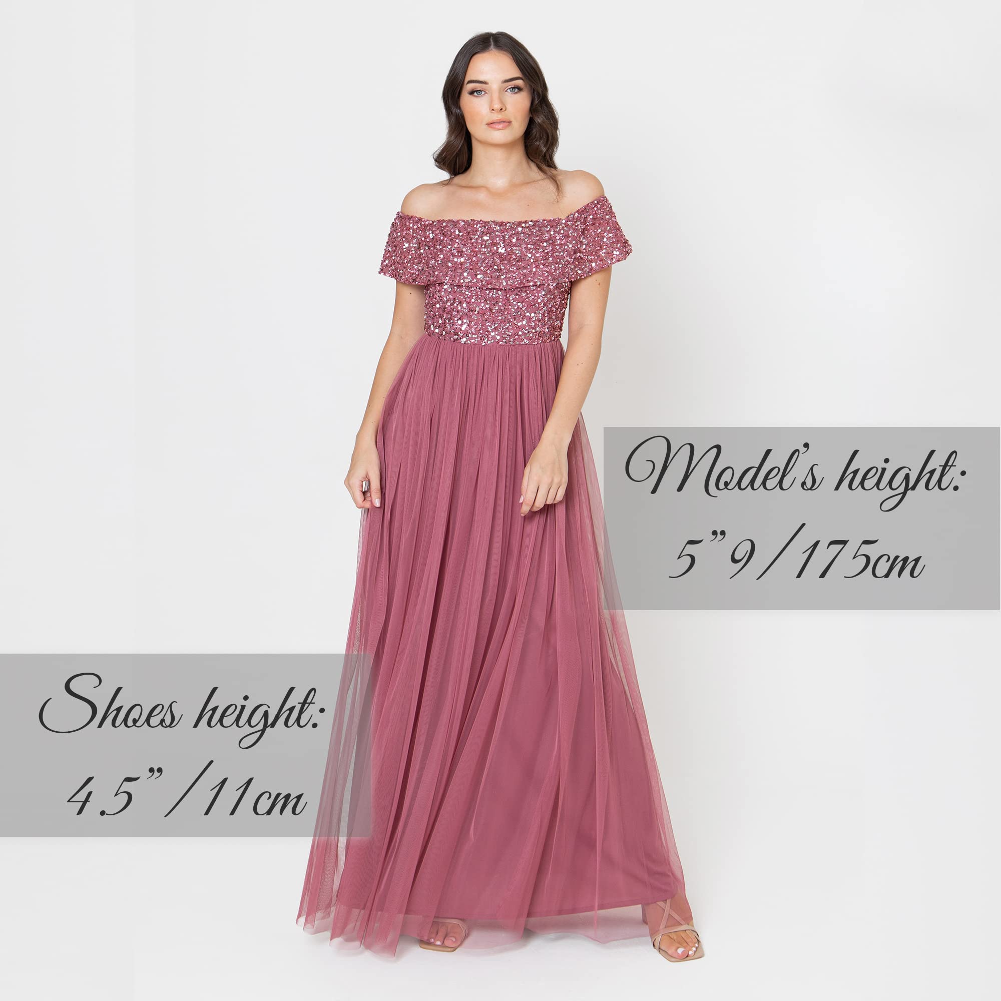 Maya Deluxe Abendkleid Damen Brautjungfernkleid Bardot Paillettenverzierung Abendkleid Elegant für Hochzeit Tüllkleid