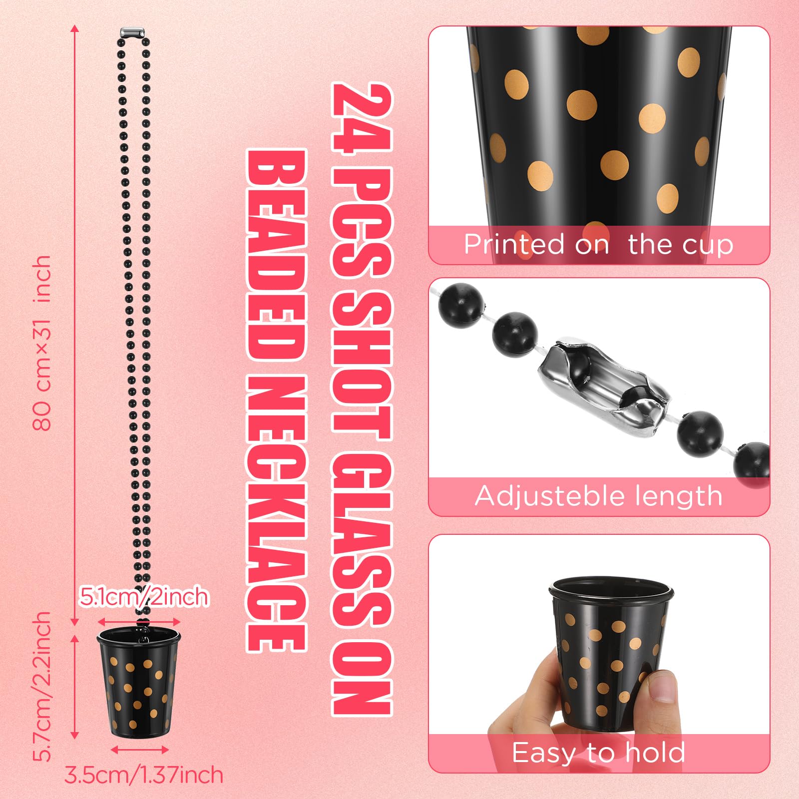 Huquary 24 Pcs Shot Glass on Beaded Necklace Black and Gold Plastic Birthday Shot Glass Necklace for Party Supplies Decorations