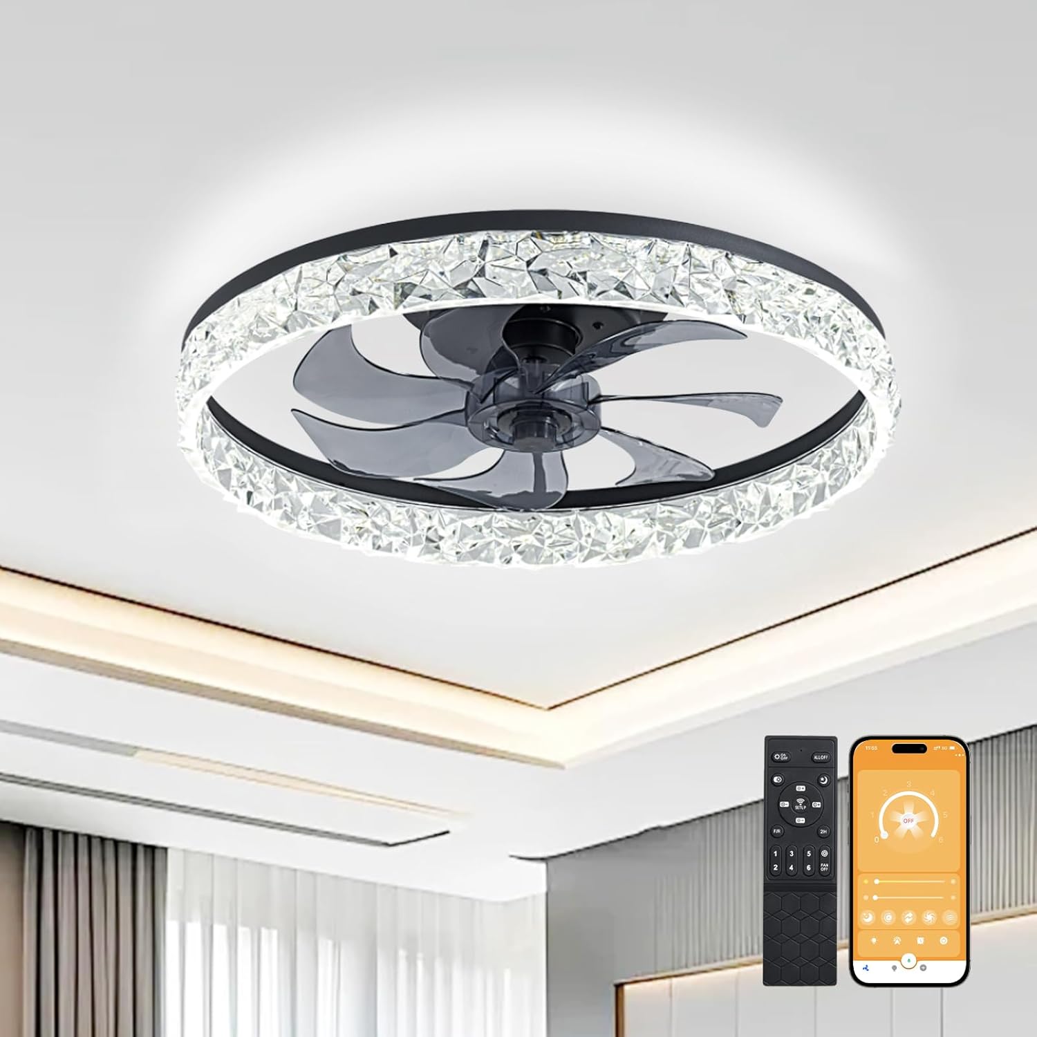 Ceiling Fans with Lights and Remote, 20'' Low Profile Ceiling Fans, 3000-6500K Dimmable Modern Flush Mount Fan Light with 3CCT and 6 Wind Speeds Fandelier Ceiling Fan for Bedroom, Living Room, Masonry Masonry Black