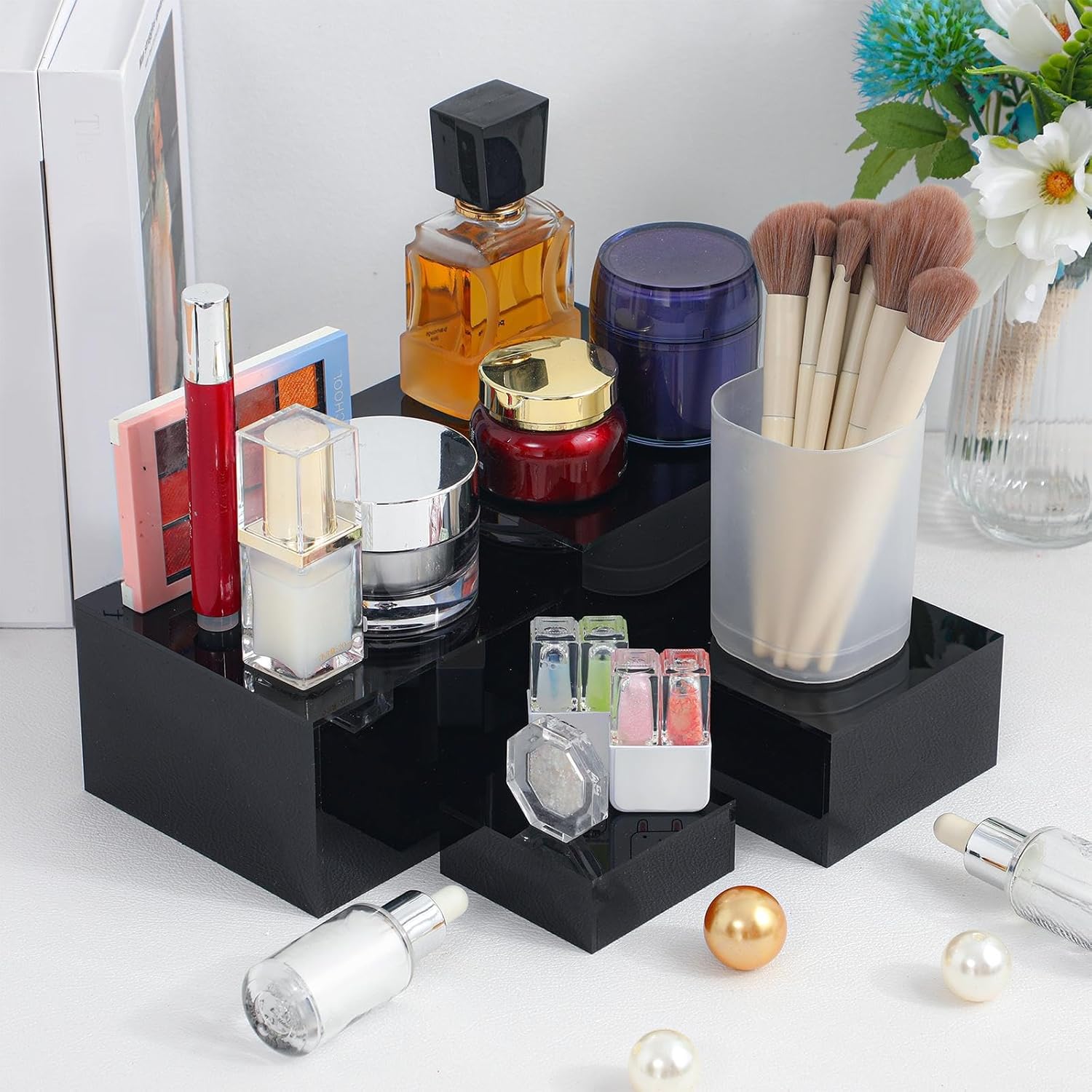 geelin 6 pack acrylic risers for display acrylic cube boxes risers display stands with hollow bottoms decorative stand for jewelry candy table decor 6 sizes(black,3 to 8 inch,square) 3 to 8 inch square black