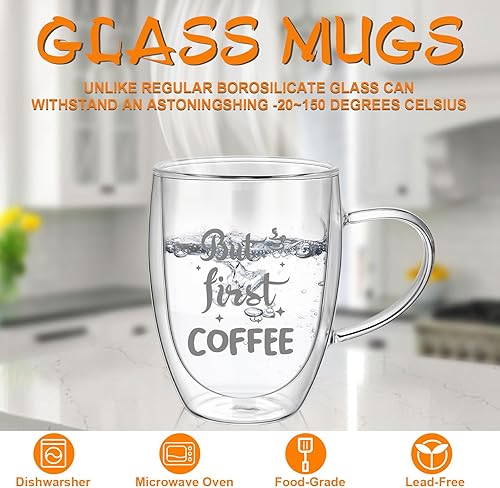 Miniatura 3 de Yaomiao Paquete de 4 tazas de café transparentes con cuchara de 12 onzas, vasos aislados de doble pared con asa, resistentes al calor, té, vino,