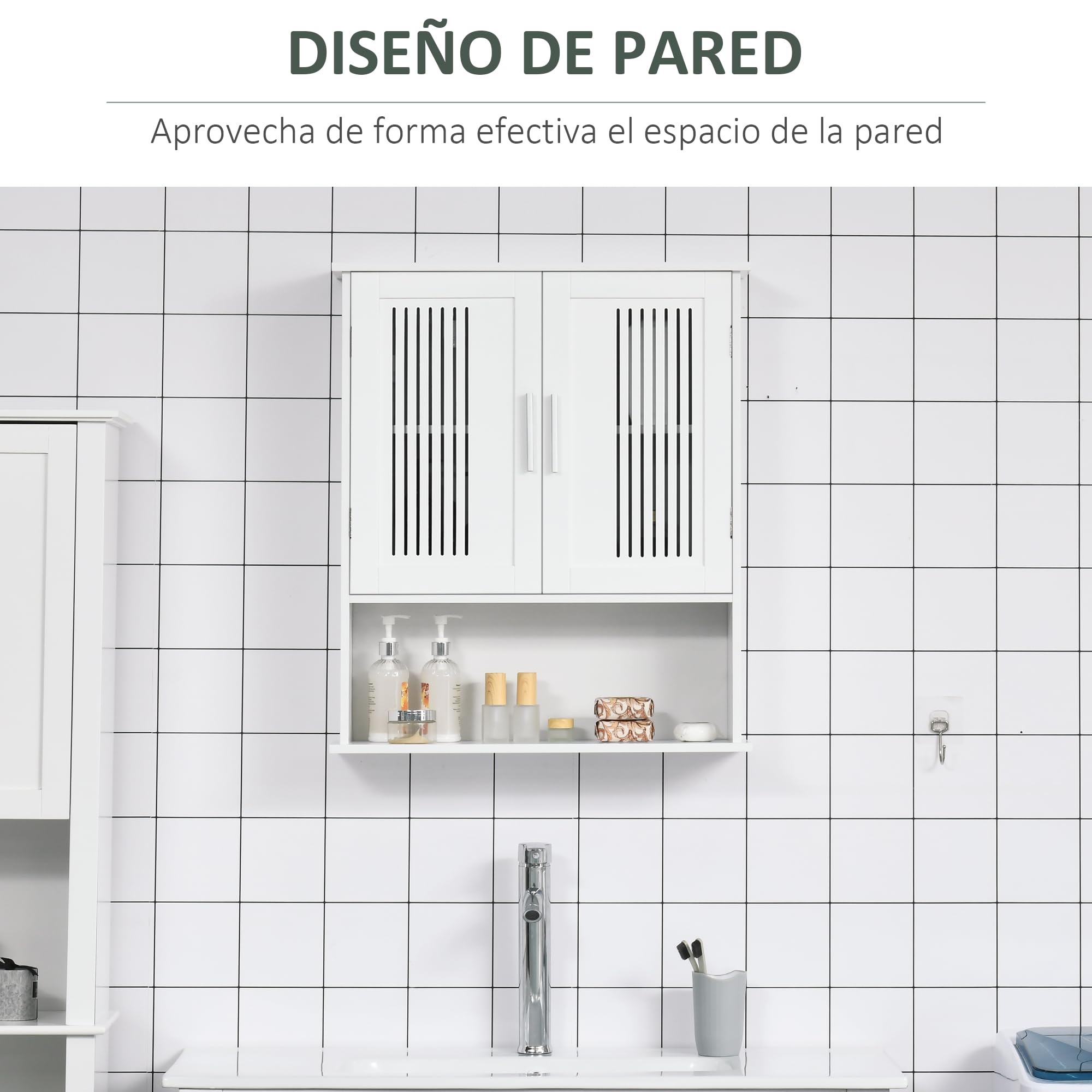 kleankin Armario de Pared para Baño Multiusos Mueble de Baño Suspendido Armario Colgante de Almacenamiento con 2 Puertas de Listones Estante Ajustable y Compartimento 60x20x70 cm Blanco