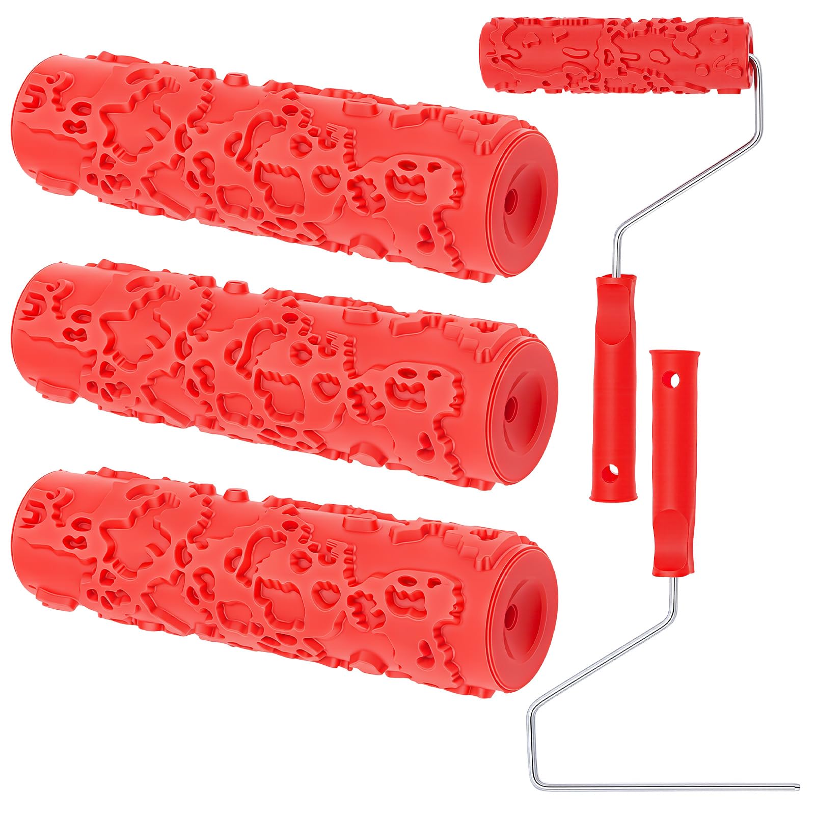 Rouleau à Peinture Texturé en Relief (4 pièce) Rouleau à Pâtisserie en Caoutchouc et Plastique avec Cadre Outil de Création de Motifs Décoratifs à Faire Soi Même Rouge 320x185x45mm