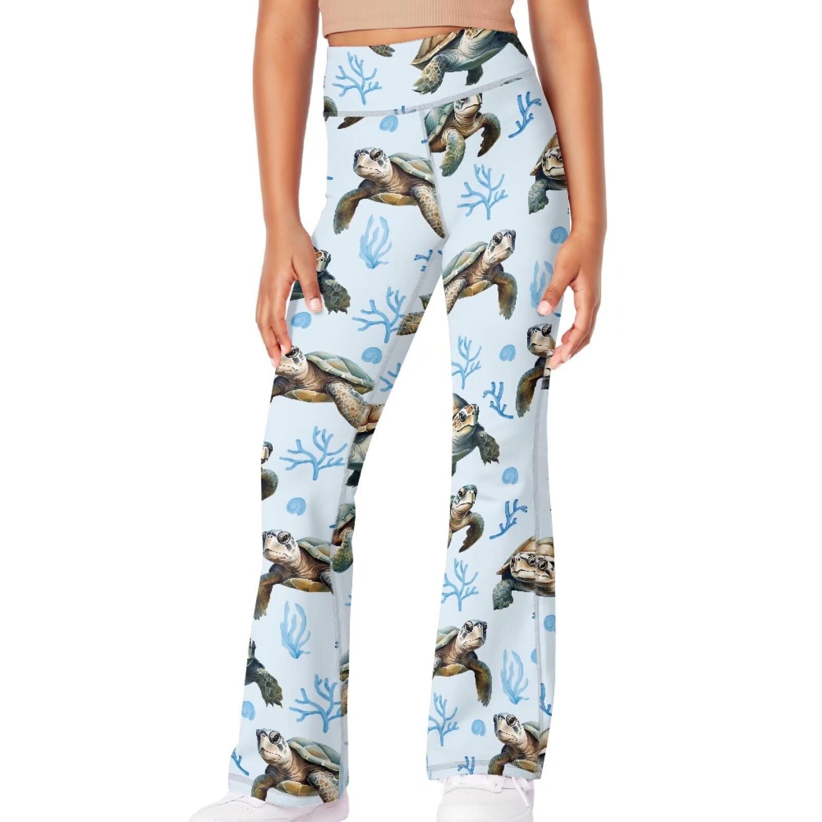 Yzaoxia Sea Turtle Girls Yoga Pants Flare Leggings Size 5-6 Stretchy Legging for Kids High Waisted Bootcut Pant Long Workout Bell Bottoms Tight Sport Clothing for Gym Elastic Activewear Blue
