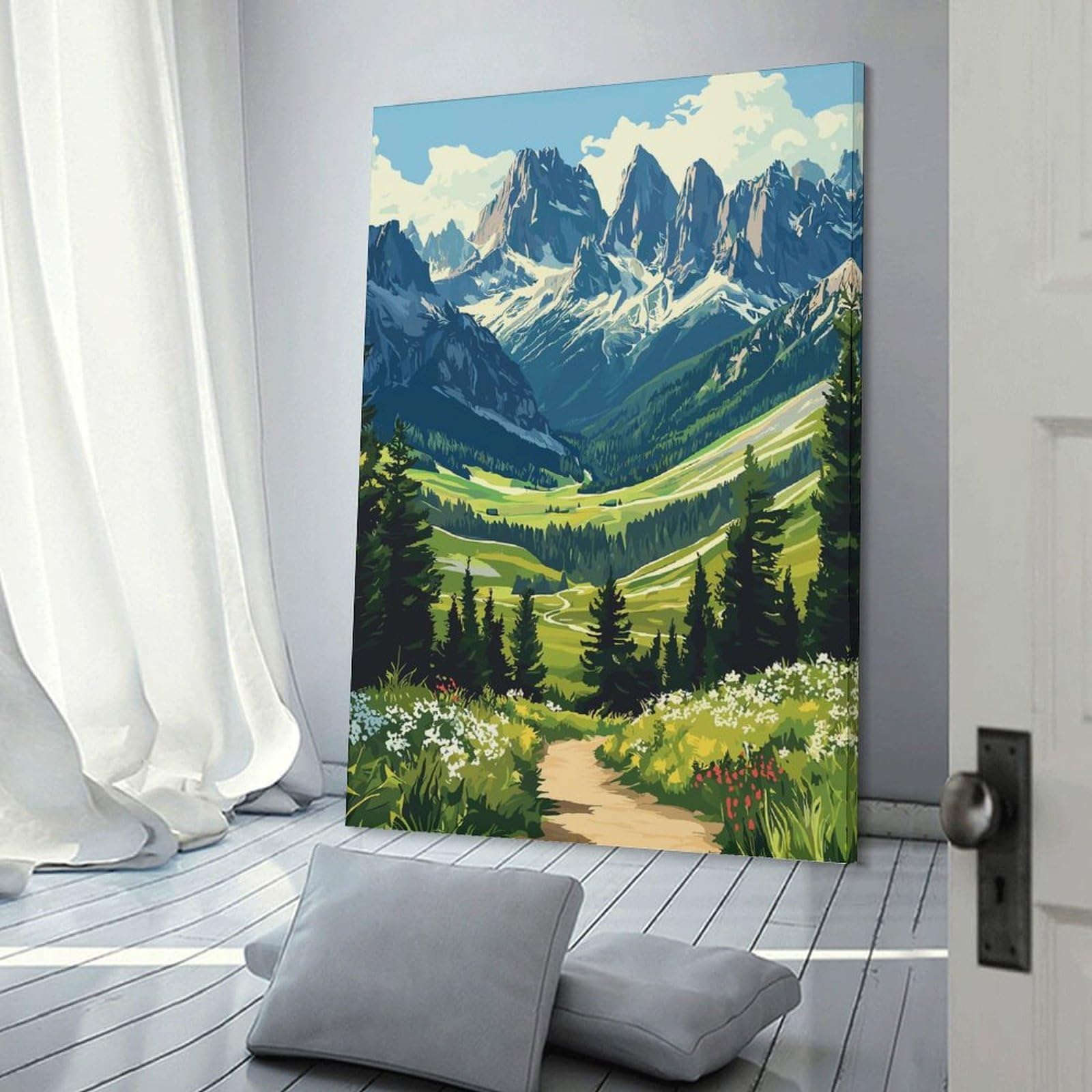 Junmoney Mountain Valley Landscape with Hiking Trail Room Decor Wall Art, 24x36inch(60x90cm), for Office, Study Or Home Workspace, A Smart Decor Choice for Study Walls