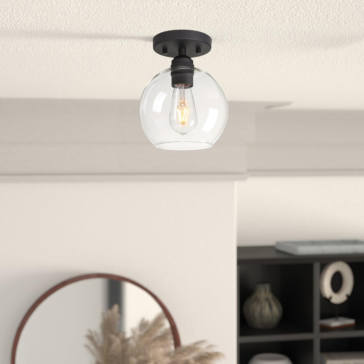 Yosoan Flush Mount Ceiling Light Fixture, 1-Light Vintage Industrial Indoor Hardwired Lightings Double Hole Round Globe Glass Shade for Bathroom Kitchen Corridor Hallway Entryway Passway(Black)